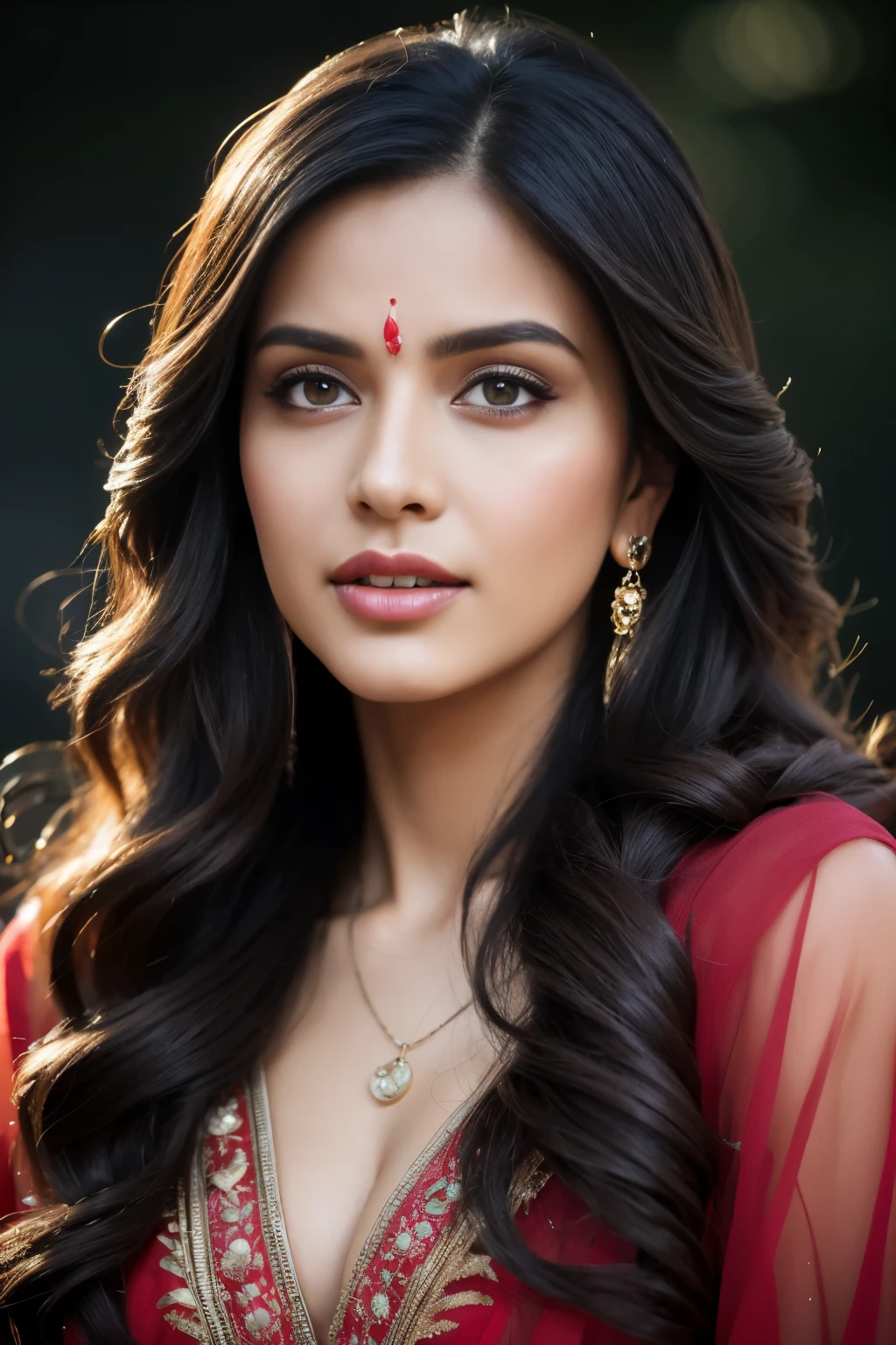 Portrait of A confident-looking Indian nude woman with long flowing hair, hazel eyes, with flowing capes, sitting in the park, with perfect composition, hyperrealistic, super detailed, 8k, high quality, trending art, trending on artstation, sharp focus, studio photo, intricate details, highly detailed, art by greg rutkowski
