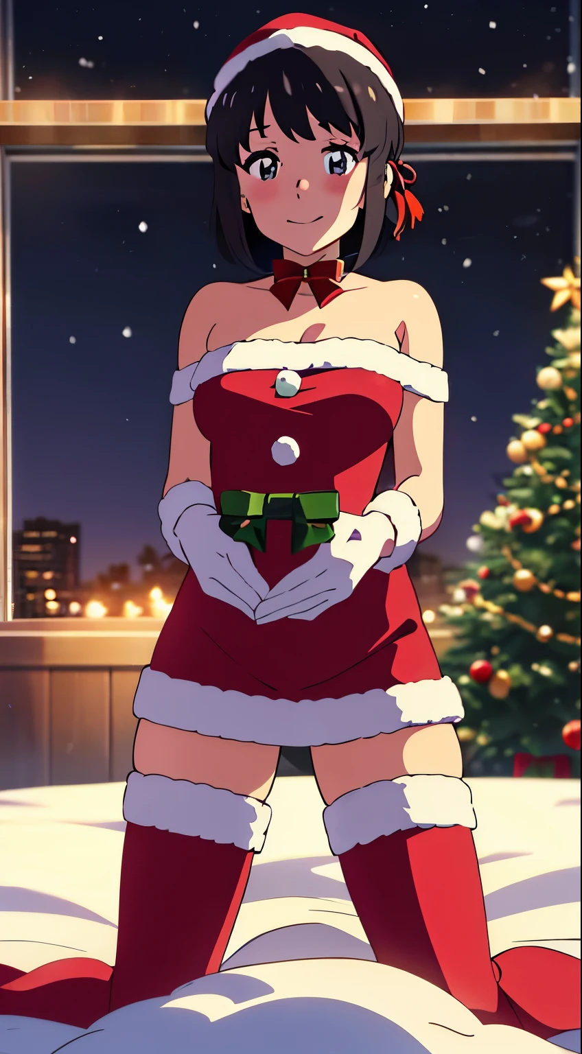 shinkai makoto, kimi no na wa., 1girl, bangs, black hair, blush, bright eyes, brown eyes, looking at the viewer, red bow, red headband, red ribbon, short hair, medium breasts, solo, indoors, shiny skin, smile, happy, beautiful, parfect ???????, perfect hands, Christmas tree, Santa Claus costume, Sweet face, Red Christmas Dresses, candy cane stockings, Against the background of winter scenery, perfect hands, snow, steam, night