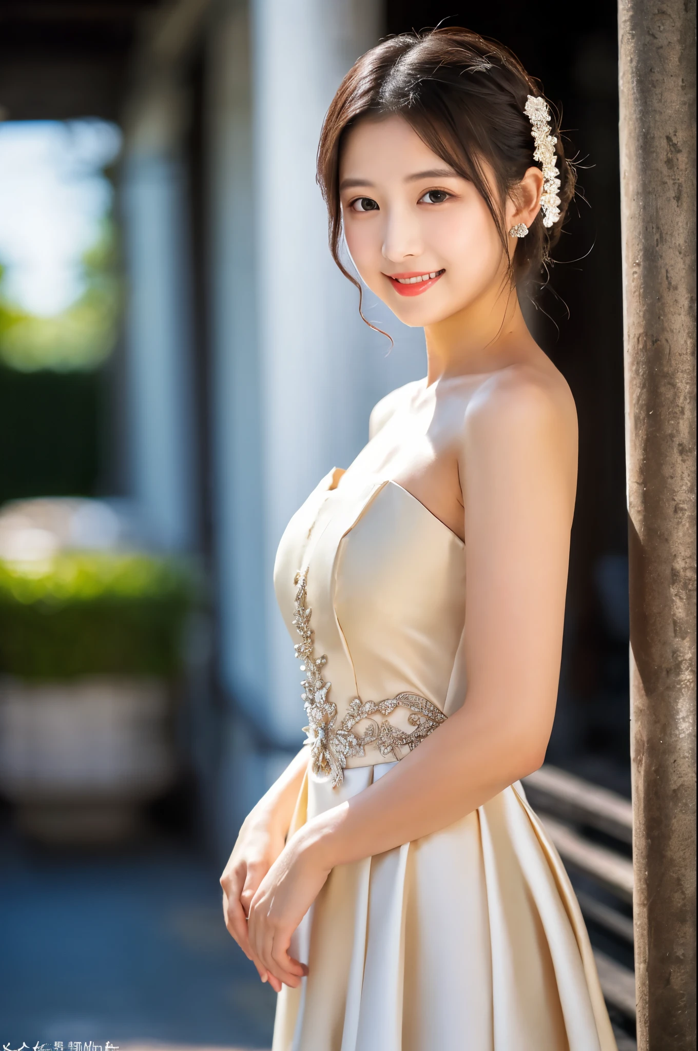 ulzzang-6500-v1.1, (RAW photo:1.2), (Photoreal), beautiful detailed girl, (genuine: 1.4), very detailedな目と顔, beautiful and fine eyes, (((Upper class girl wearing elegant formal dress in random colors:1.3)))、(super realistic pantyhose:1.2), (high heels:1.2), (I keep my hair up and short)、 (very kind smile:1.2)、huge file size, High resolution, very detailed, highest quality, [masterpiece:1.6], enlightenment, very detailed, nffsw, finely, highest quality, 8k wallpaper, movie lighting, 1 girl, 17 years old, perfect body shape, cute droopy eyes beautiful big eyes、(muste piece)), highest quality, 1 girl, eye shadow, Upper body, portrait, ((full body shot:1.3))、