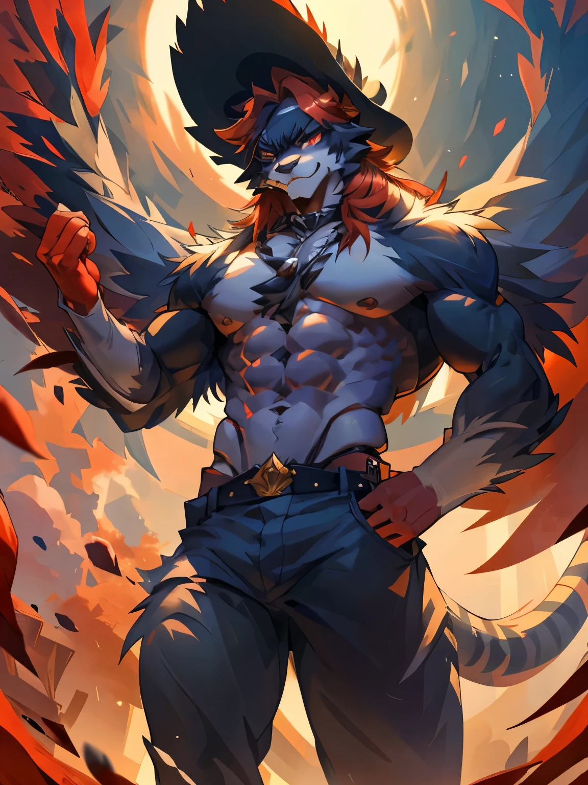 male, furry, Tiger anthro, solo, white fur, red eyes, (Realistic eye details 1.2), hat on head, mafiawear, bare bottom, abs, Masterpiece, dramatic lighting, soft lighting, day, highly detail, Hair coiled