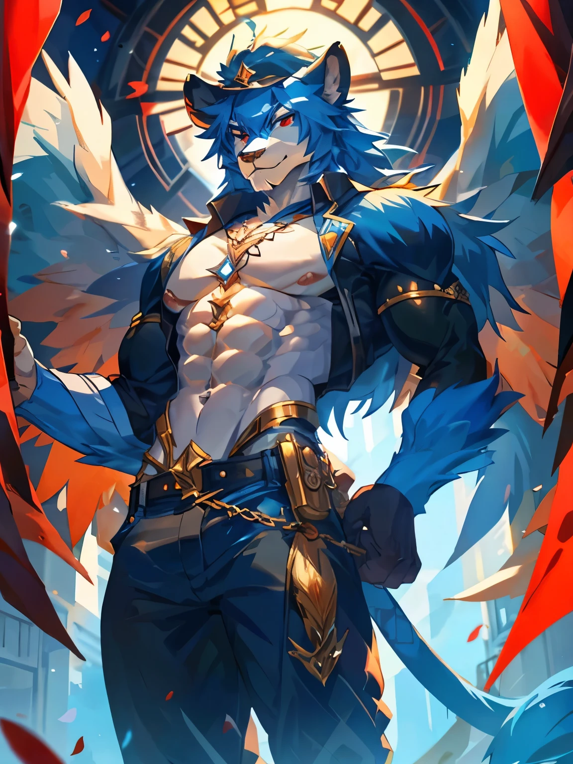 male, furry, lion anthro, solo, white fur, red eyes, (Realistic eye details 1.2), hat on head, mafiawear, bare bottom, abs, Masterpiece, dramatic lighting, soft lighting, day, highly detail, blue Hair coiled