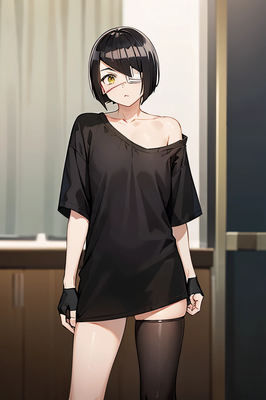 girl, nakanaka_omoharu, black hair, short hair, flat chest, golden eyes, white eye patch, casual outfit, black shirt, oversized shirt, off shoulder, fingerless gloves, black socks