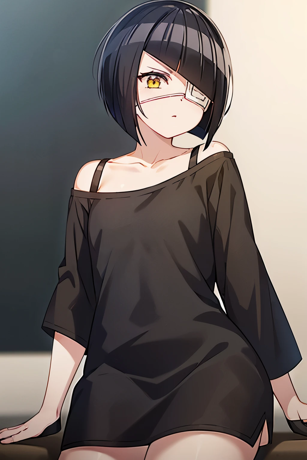 girl, nakanaka_omoharu, black hair, short hair, flat chest, golden eyes, white eye patch, casual outfit, black shirt, oversized shirt, off shoulder, fingerless gloves, black socks