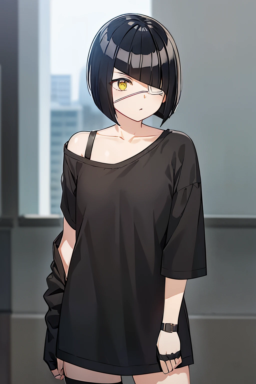 girl, nakanaka_omoharu, black hair, short hair, flat chest, golden eyes, white eye patch, casual outfit, black shirt, oversized shirt, off shoulder, fingerless gloves, black socks