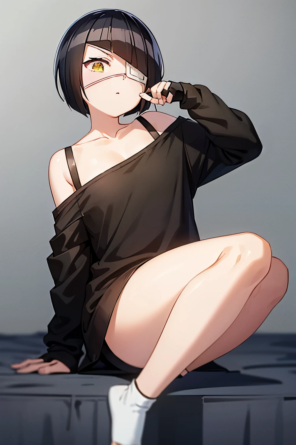 girl, nakanaka_omoharu, black hair, short hair, flat chest, golden eyes, white eye patch, casual outfit, black shirt, oversized shirt, off shoulder, fingerless gloves, black socks