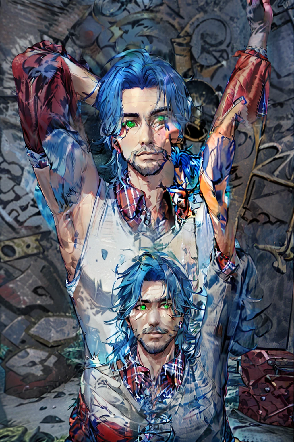 Aeron X'voor, solo, looking at viewer, shirt, 1boy, jewelry, green eyes, blue hair, upper body, male focus, earrings, arms up, plaid, tattoo, facial hair, arms behind head, beard, realistic, plaid shirt