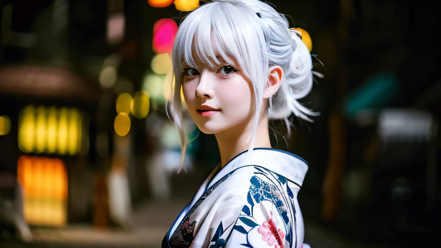 cute anime girl white hair in kimono dark background