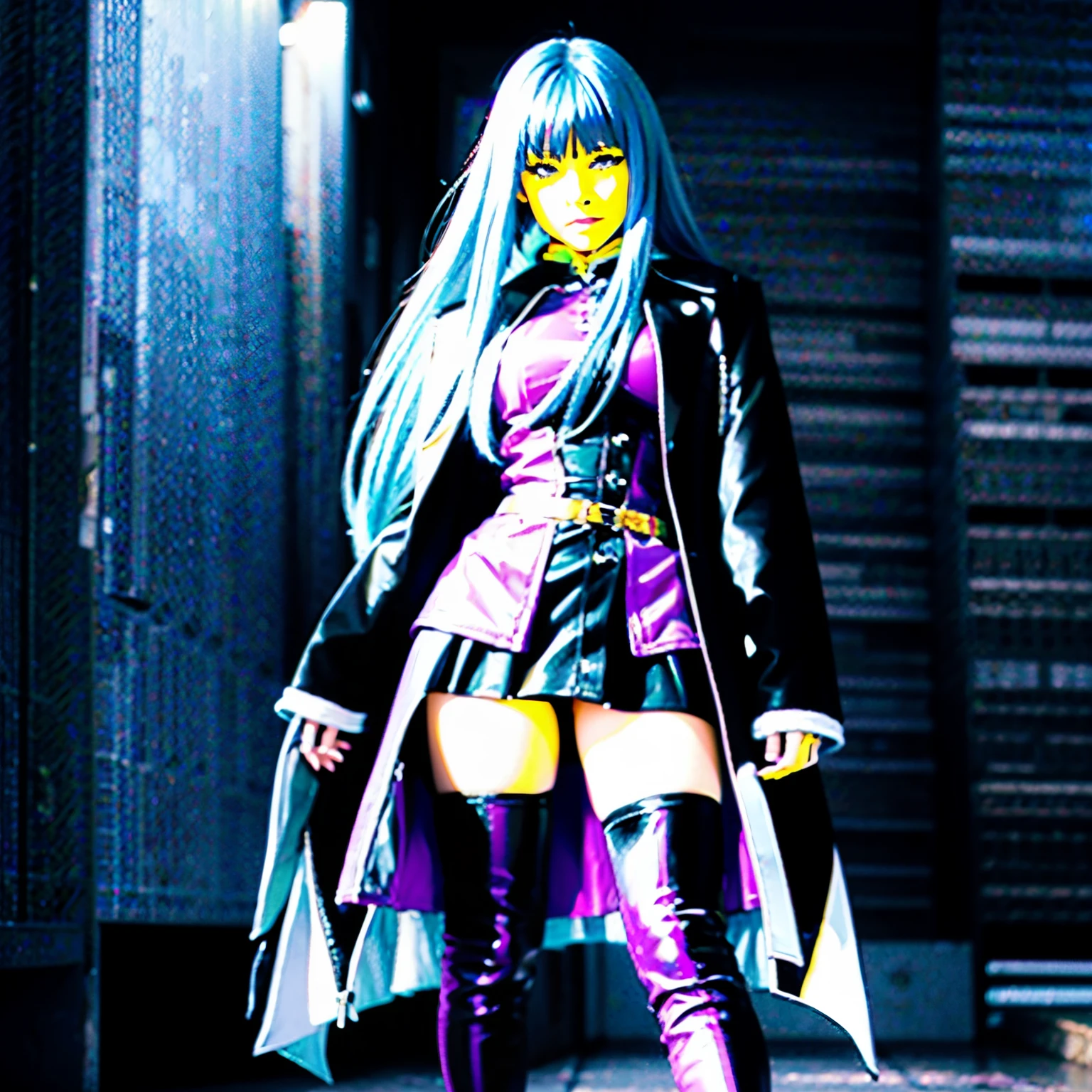 color photo of a young woman with long, light purple hair, beautiful light green eyes, around 20 years old. She is wearing a black coat, a deep purple Gothic skirt, black gloves, black knee-high stockings, and deep red Mary Jane shoes. The photo has an anime-inspired aesthetic. —c 10 —ar 2:3