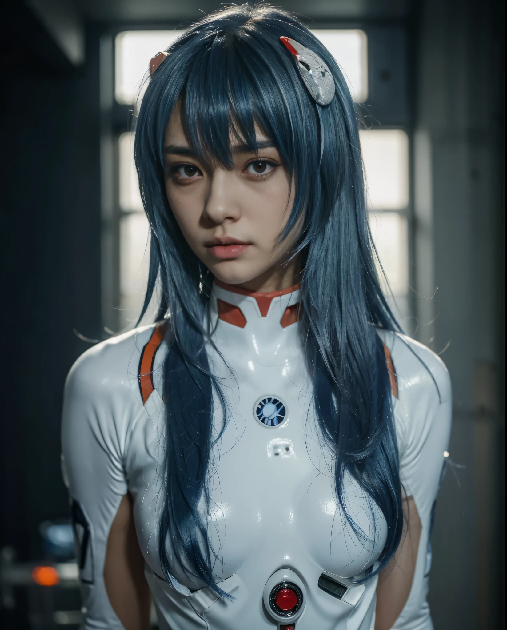 (highres, best quality), Rei Ayanami, Beautiful Mixed Pretty Japanese Babe Face. Beautiful Face, Detailed Beautiful bright red eyes, beautiful slim body, Super Blue long Hair, white plugsuit, combine realism and anime influences, sorrow beautiful face, Intense Beautiful gaze, dark blue hair, dark blue hair, Hyperrealism, social media composition, cowboy shot, f/4.0, textured skin, award winning