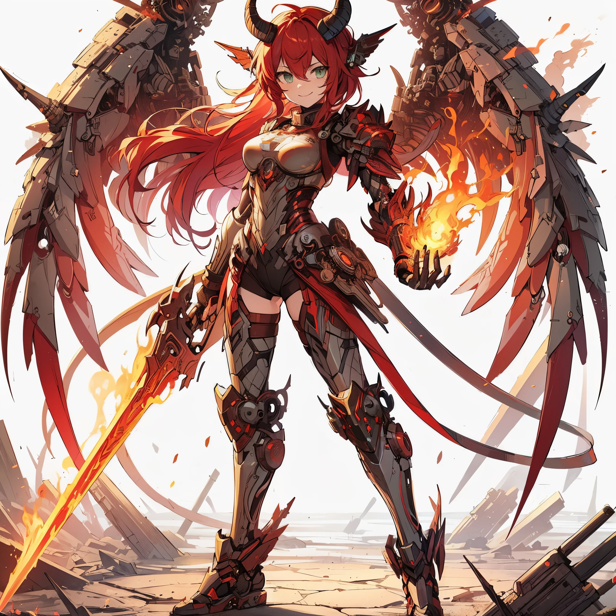 (Masterpiece, top quality), (perfect athlete body: 1.2), (detailed hair), ultra detailed, anime style, full body, solo, cyberpunk lady knight with mechanize lion ears, red mane and green eyes, bull horns, spread mechanize wings, boyish appearance, holding a flaming sword, wearing battle armor and battle boots, standing of wasteland, white background, whole body, supernatural flame and lightning. winning smile
