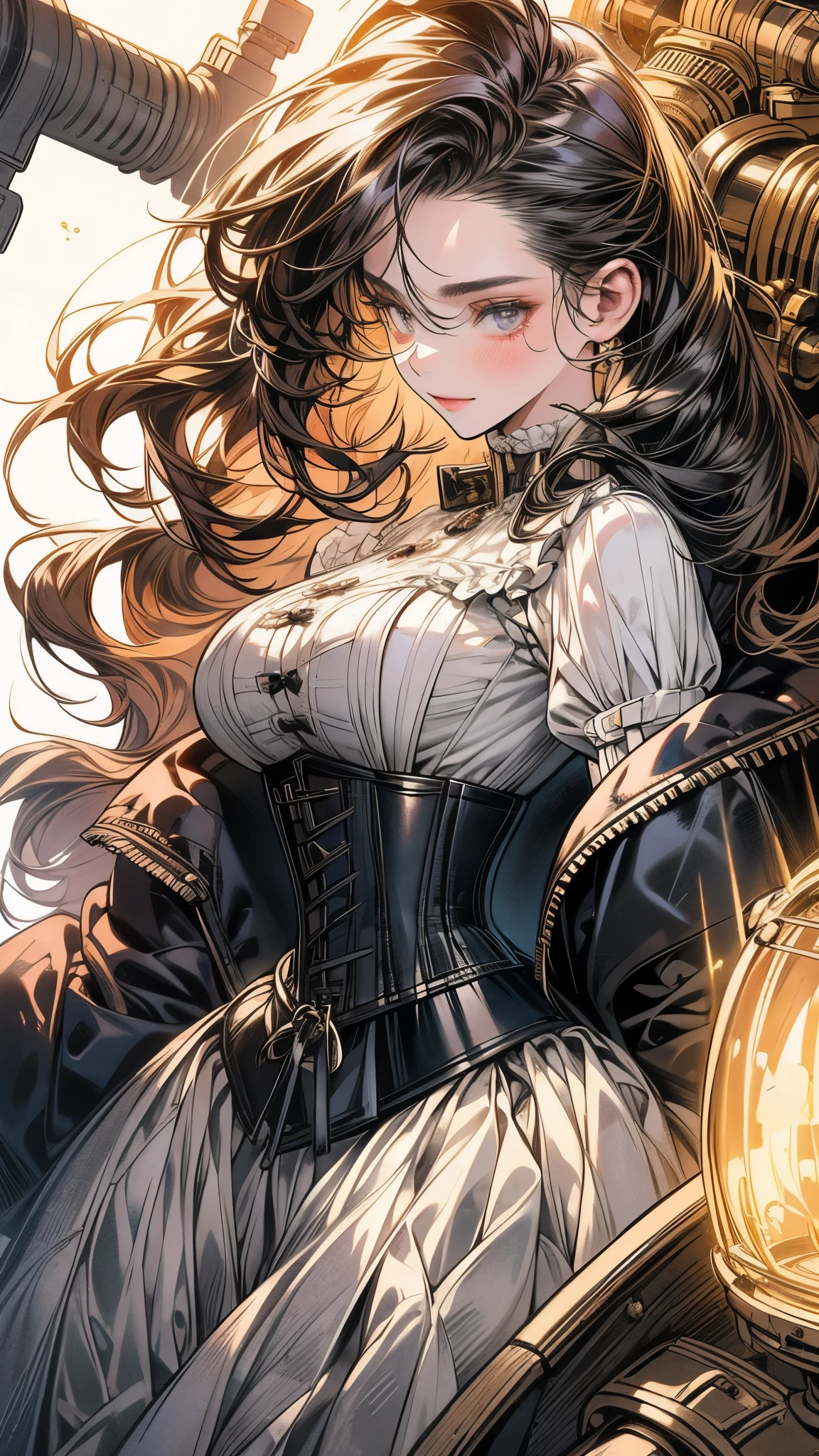 (((masterpiece)))、((highest quality))、(super detailed)、(CG illustration)、(so beautiful ))、cinematic light、(((1 Mechanical Girl)))、 SF、Apocalypse、erotic grotesque、(beautiful and luxurious:1.2)、(1 girl:1.3)、facing the front, (double breasted,under bust:1.2), button gap,(((corset belt))),(((high waist mini skirt,)))