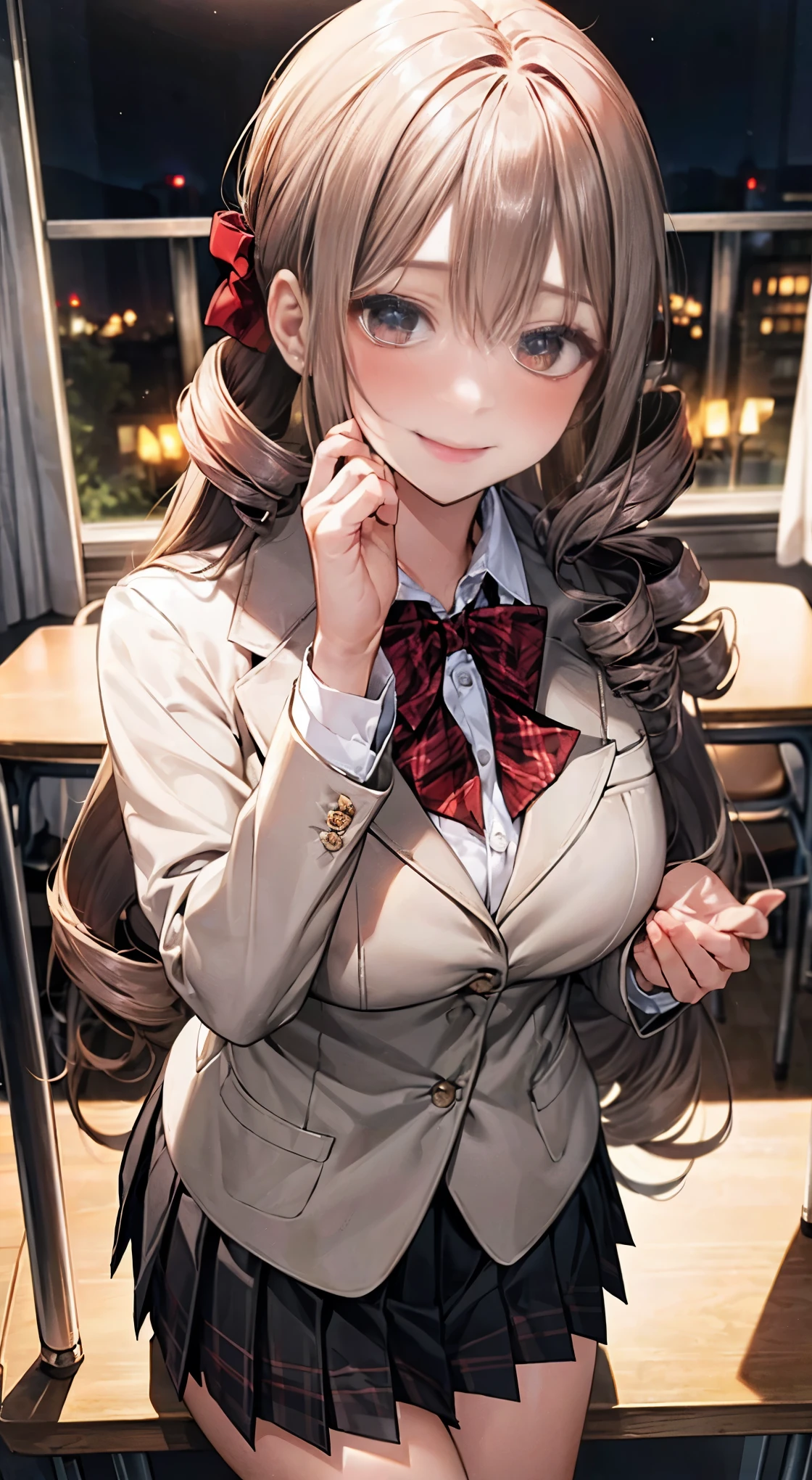 (masterpiece:1.2, top quality), (actual, photoactual:1.4), Beautiful illustration, national foundation, 
looking at the audience, cowboy shooting, Front view:0.6, 
1 girl, Japanese, high School girl, blond, (long hair:1.8), (drill hair:1.7), Bangs, hair between eyes, red eyes, big breasts:0.8, (Thick thighs), 
beautiful hair, pretty face, Beautiful and delicate eyes, Beautiful collarbone, beautiful body, beautiful breasts, beautiful thighs, beautiful legs, beautiful fingers, 
(Beautiful scenery), night, School, classroom, curtain, table, Chair, 
((maroon blazer, pleated mini skirt, sock, black private School uniform:1.2, Houndstooth pleated skirt, Red plaid bow tie)), pink, 
(swell), ((seductive pose: 1.2, attraction: 1.2)), (idle),
(disciple, Sexy, Upper eyes, Smile), shiny skin, 
perfect face, Cute and symmetrical face, natural side lighting, light), 
sittingonchair, legs crossed, Raise your hand, 肘部放在table上,