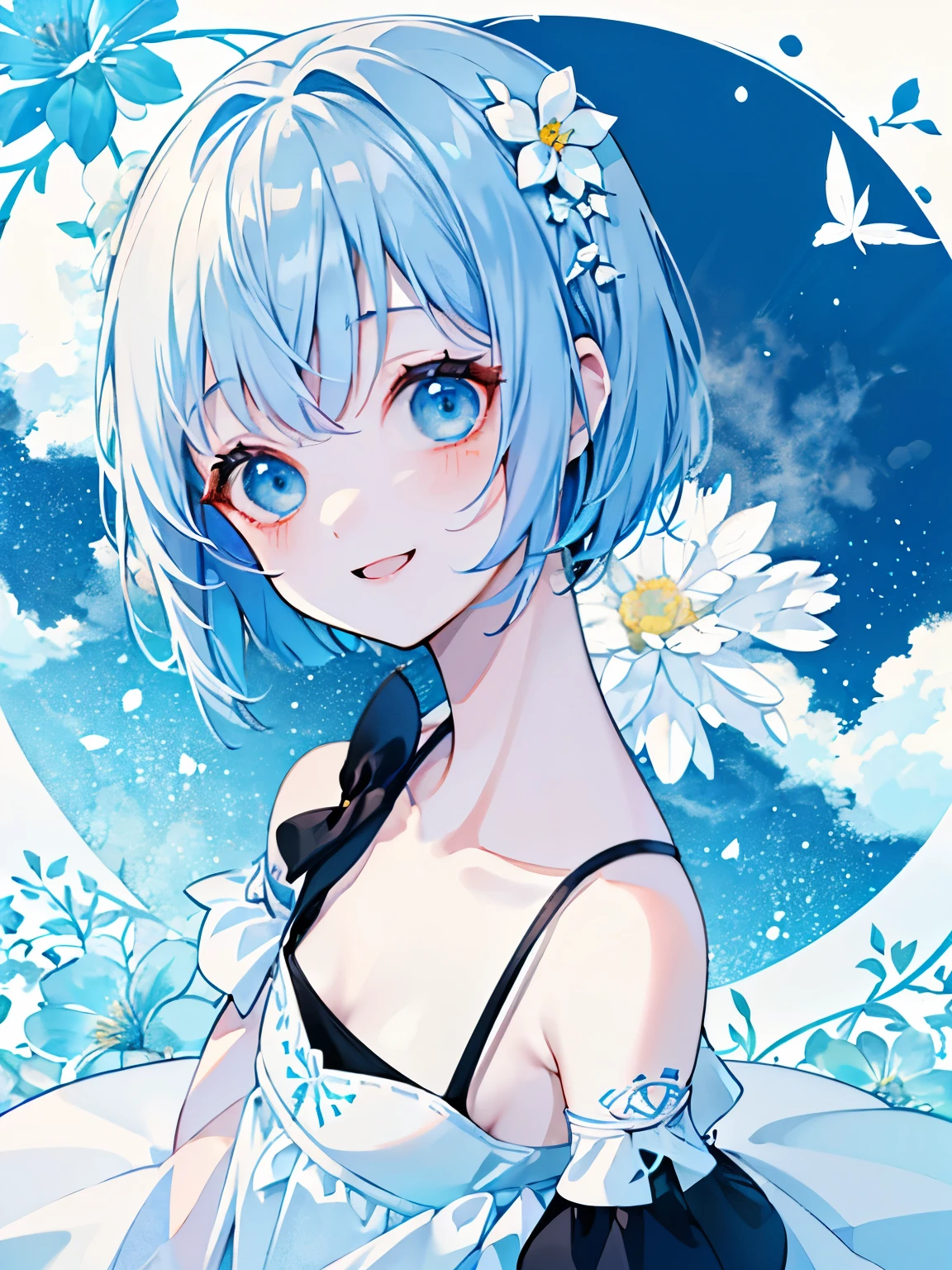 1 female、bob、blue hair、blue eyes、white clothes、Black Cami Dress、Upper body、Detailed design、smile、cute、looking at the viewer、Margaret is blooming