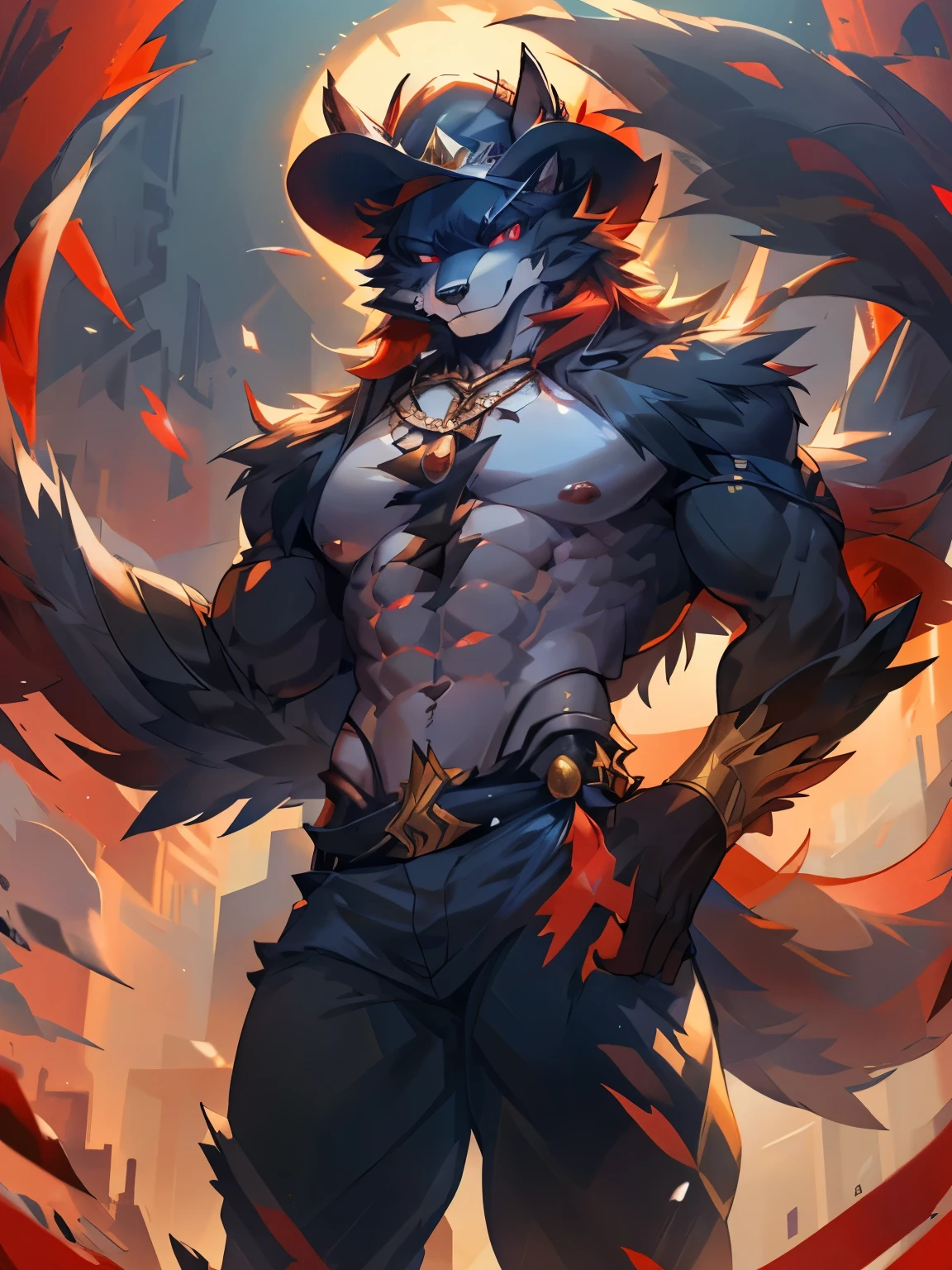 male, furry, wolf anthro, solo, white fur, red eyes, (Realistic eye details 1.2), hat on head, mafiawear, bare bottom, abs, Masterpiece, dramatic lighting, soft lighting, day, highly detail, Hair coiled
