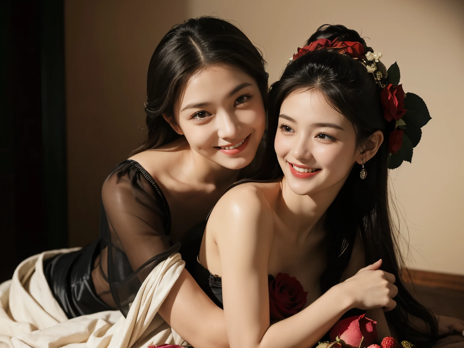 full body portrait ,fruits,Rose ,flower,Rosa,antique,A smile,,Sweet and seductive appearance.、Caravaggio's paintings、Chiaroscuro of Caravaggio,Two women frolicking,Cute smile, Expression of ecstasy