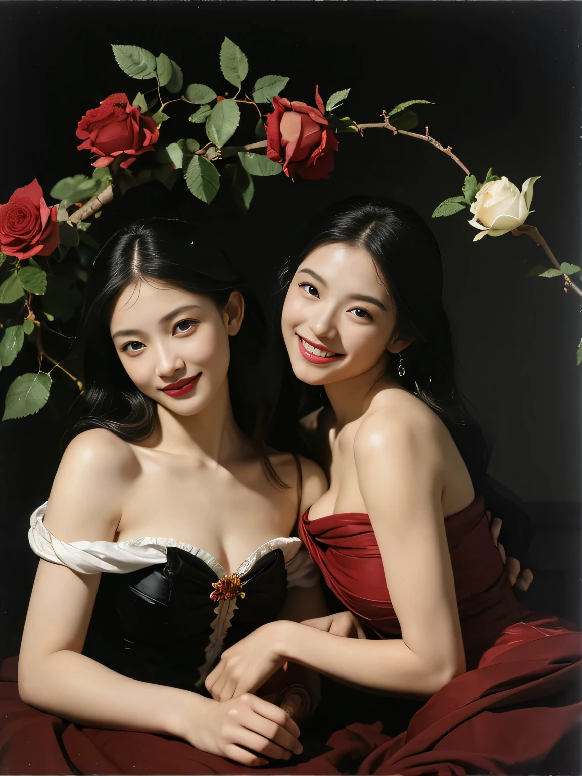 full body portrait ,fruit,Rose ,flower,rosa,antique,laughter,,sweet and enchanting appearance.、caravaggio painting、Caravaggio&#39;s Chiaroscuro,two women having fun,cute smile, expression of ecstasy