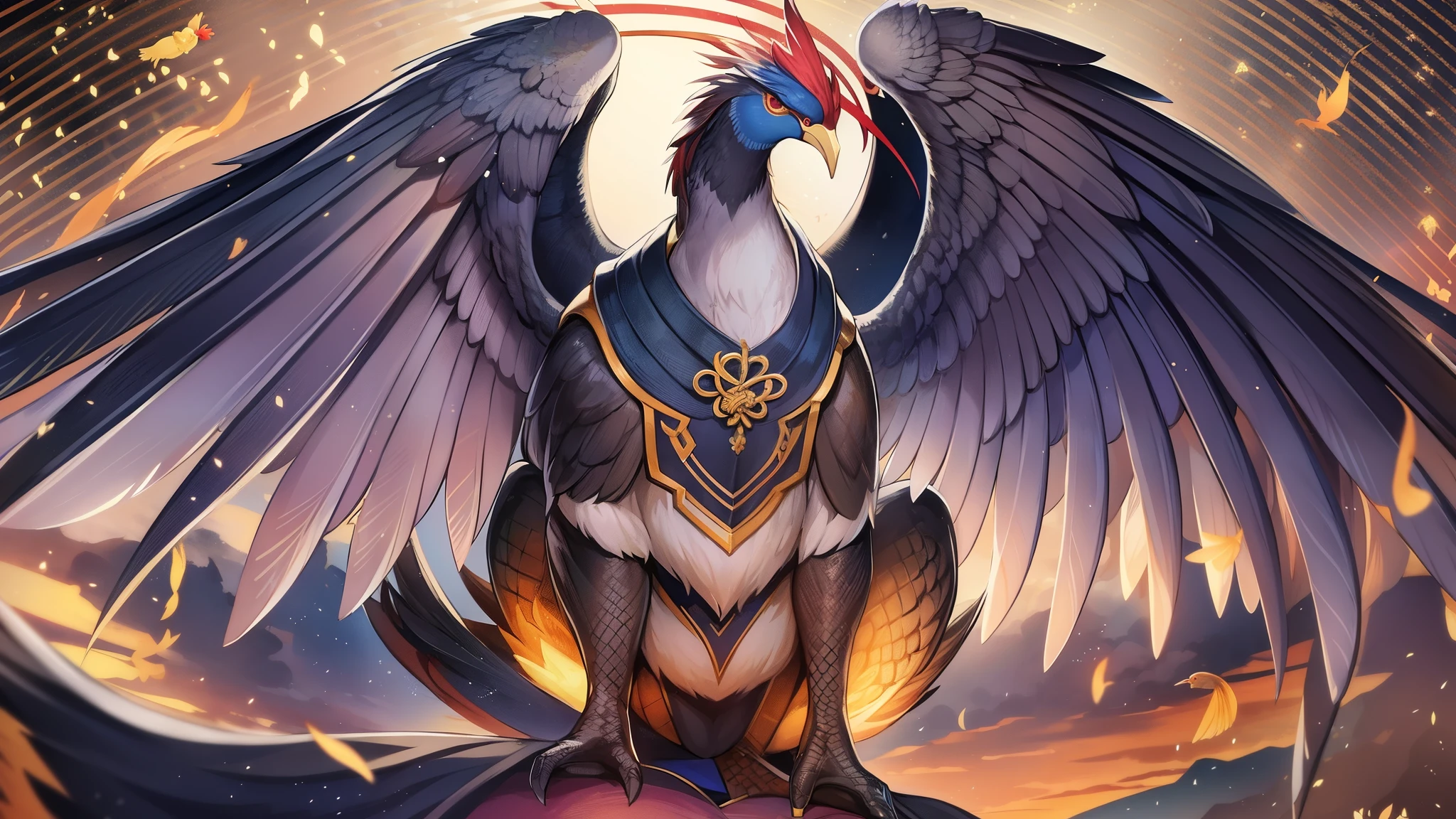 Phoenix、legendary bird of chinese mythology、It is a spiritual bird。The head is a chicken、The nod is a swallow、The neck is a snake、The back of a turtle、the tail is a fishで、The colors are black, white, red, blue, and yellow.、The height is said to be about six feet.[1]。『Sankai Sutra』「Nanzan Sutra」Well then鶏に似ており、On the neck「virtue」、on the wings「righteous」、on the back「Thank you」、in my chest「Benevolence」、On the belly「letter」It was said that there was a crest of。Later Han dictionary『Explain words』Well then、Kou in front、After that, Rin、The neck is a snake、the tail is a fish、The color is red、The mouth is a duck、The pattern is a dragon、The back of a tiger、The nod is a swallow、The chicken is a chickenと記された。Established during the Southern Dynasty『Song Shu』巻二十八志第十八Well then、head of snake、The nod is a swallow、The back of a turtle、Belly is a tortoise、The neck is a crane、The chicken is a chicken、The front part is kono、the tail is a fishに似ており、head is blue（green）、It is said that the wings are lined up。With Kirin, Reiki, and Oryu「four spirits」、Phoenixの別名としては、Unsaku、skylark、Ye Lulang、Huoli、five spirits、Benevolence智禽、Tanzan Hermit、long distance、friend、There are Akeoka Koji etc.。黄鳥・狂鳥・孟鳥・夢鳥などもPhoenixと同一とする説もある