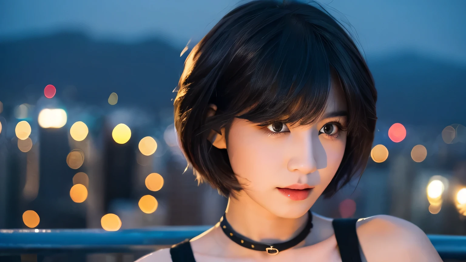cute girl wolf cut hair night city