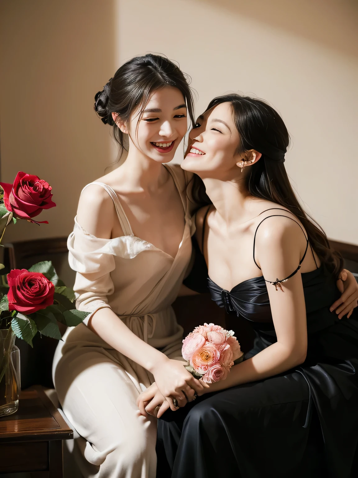 full body portrait ,fruits,Rose ,flower,rosa,antique,laughter,,sweet and enchanting appearance.、caravaggioの絵画、caravaggio&#39;chiaroscuro,Two women having fun,cute smile, expression of ecstasy
