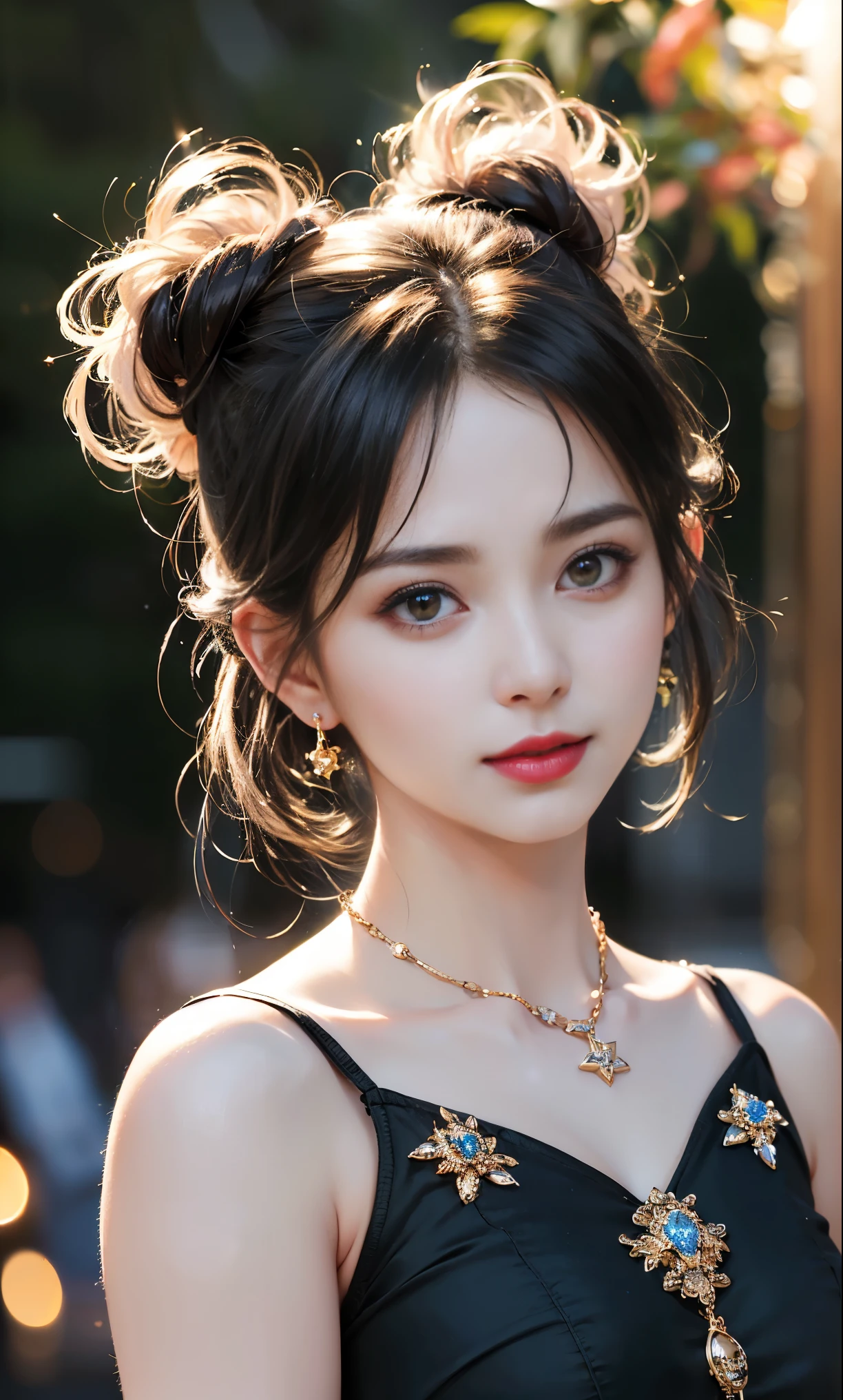 (8k, original photo, lifelike: 1.25), (lip gloss, eyelash, shining face, skin shiny, top quality, ultra high resolution, depth of field, Color difference, Caustics, flood lighting, natural shadow, kpop idol) Moderate, Goddess happiness watching audience, (Dark Maid:1.2), mini skirt