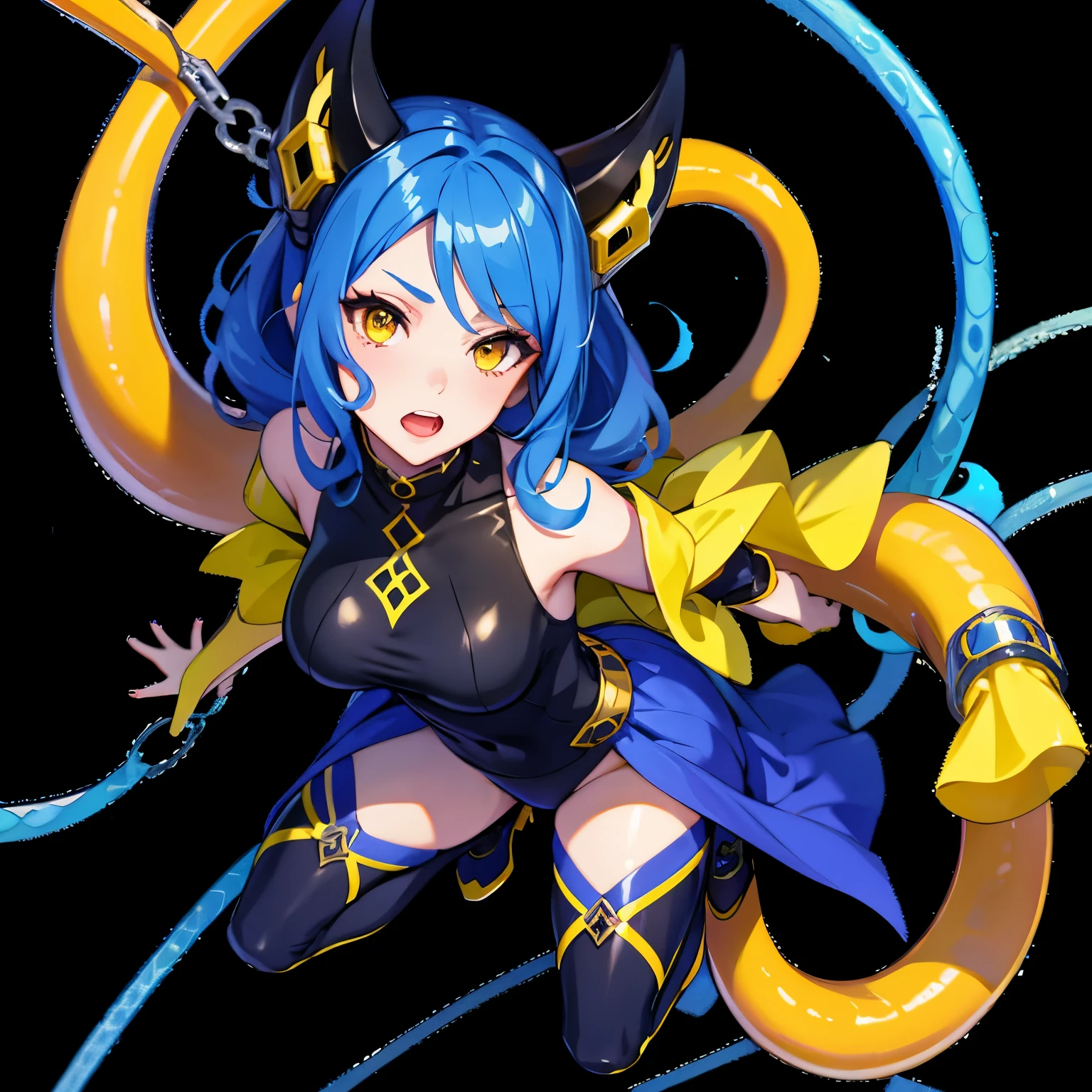 1girl, solo, siren_(AL), rigging, tentacles, blue hair, yellow eyes, shackles, best quality, highest resolution, ultra detailed outfit