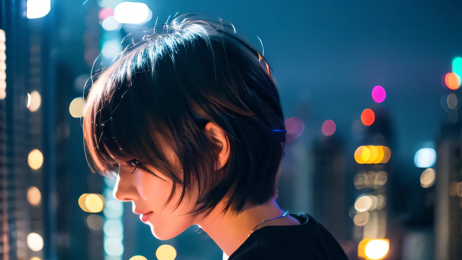 cute girl wolf cut hair night city