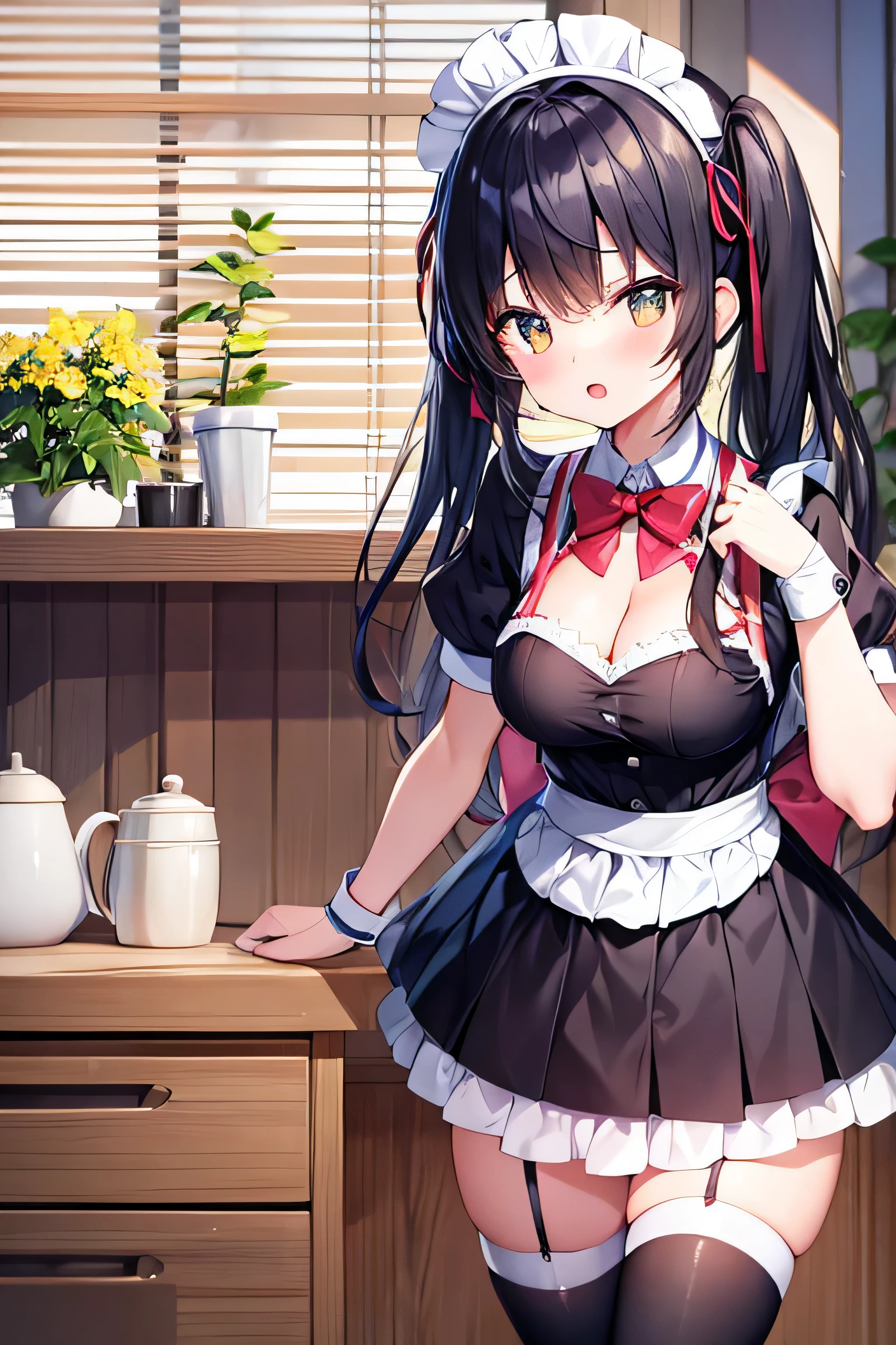 masterpiece、Highest image quality、ultra high resolution、teen  with big tits、twin tail hairstyle、black hair、red face、mock、Open your mouth just a little、Maid outfit that shows the cleavage of a teenage  girl、Maid headband for teenage schoolStriped knee-high socks for teenage schoolgirls、 the kitchen