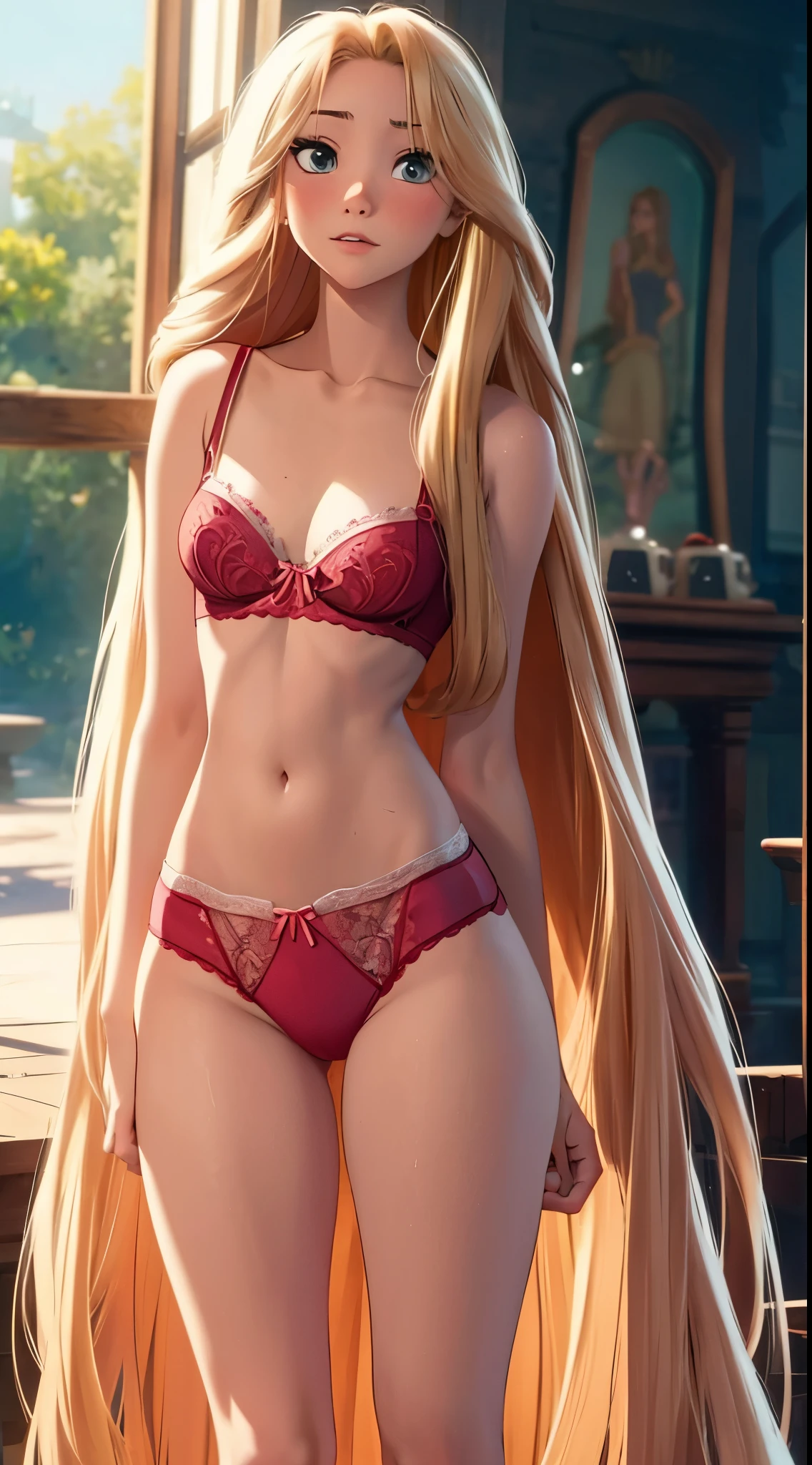 Rapunzel with very long blonde hair, red posing sexy in bra and panties, wide in the back, small waist, slim body, long legs