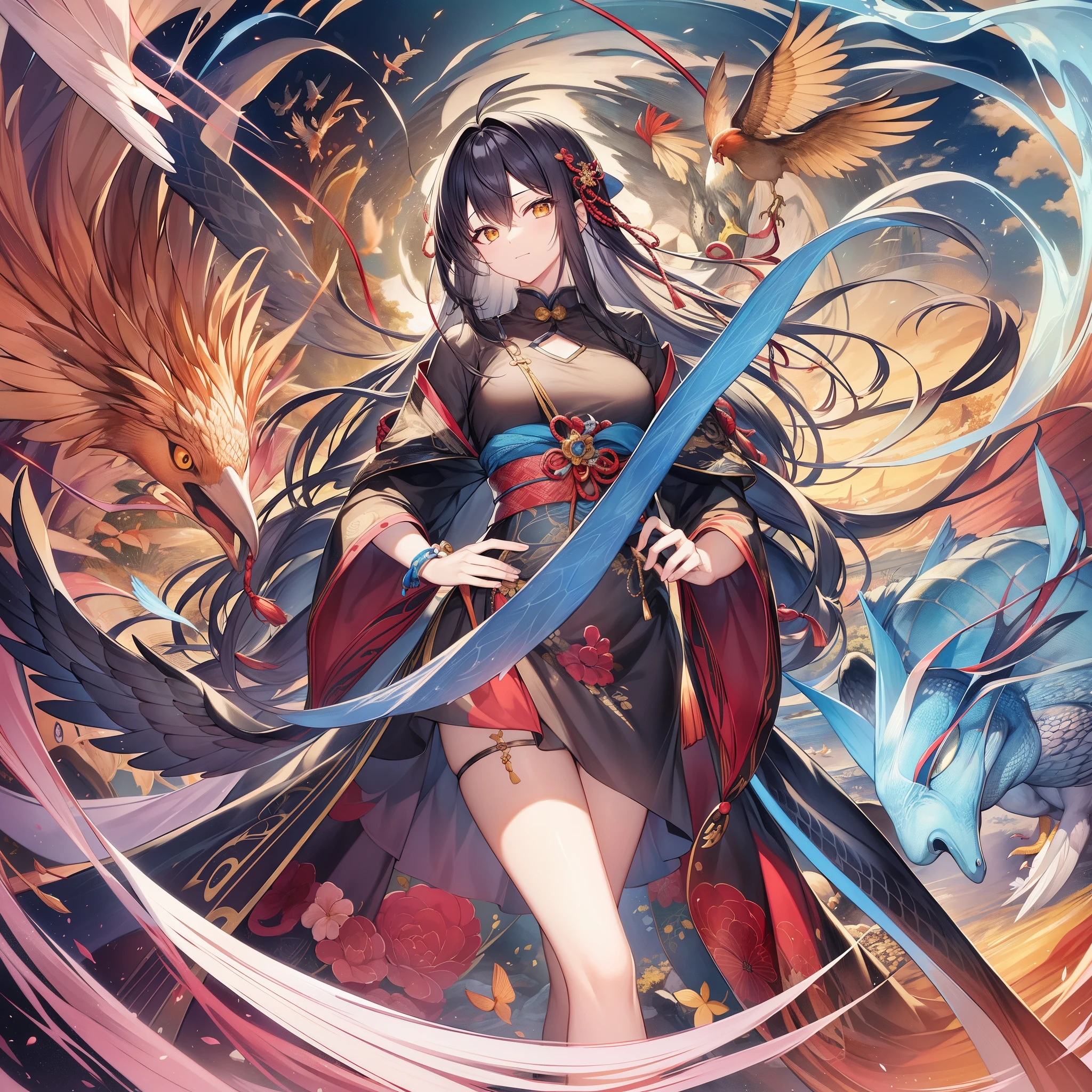 Phoenix、legendary bird of chinese mythology、It is a spiritual bird。The head is a chicken、The nod is a swallow、The neck is a snake、The back of a turtle、the tail is a fishで、The colors are black, white, red, blue, and yellow.、The height is said to be about six feet.[1]。『Sankai Sutra』「Nanzan Sutra」Well then鶏に似ており、On the neck「virtue」、on the wings「righteous」、on the back「Thank you」、in my chest「Benevolence」、On the belly「letter」It was said that there was a crest of。Later Han dictionary『Explain words』Well then、Kou in front、After that, Rin、The neck is a snake、the tail is a fish、The color is red、The mouth is a duck、The pattern is a dragon、The back of a tiger、The nod is a swallow、The chicken is a chickenと記された。Established during the Southern Dynasty『Song Shu』巻二十八志第十八Well then、head of snake、The nod is a swallow、The back of a turtle、Belly is a tortoise、The neck is a crane、The chicken is a chicken、The front part is kono、the tail is a fishに似ており、head is blue（green）、It is said that the wings are lined up。With Kirin, Reiki, and Oryu「four spirits」、Phoenixの別名としては、Unsaku、skylark、Ye Lulang、Huoli、five spirits、Benevolence智禽、Tanzan Hermit、long distance、friend、There are Akeoka Koji etc.。黄鳥・狂鳥・孟鳥・夢鳥などもPhoenixと同一とする説もある