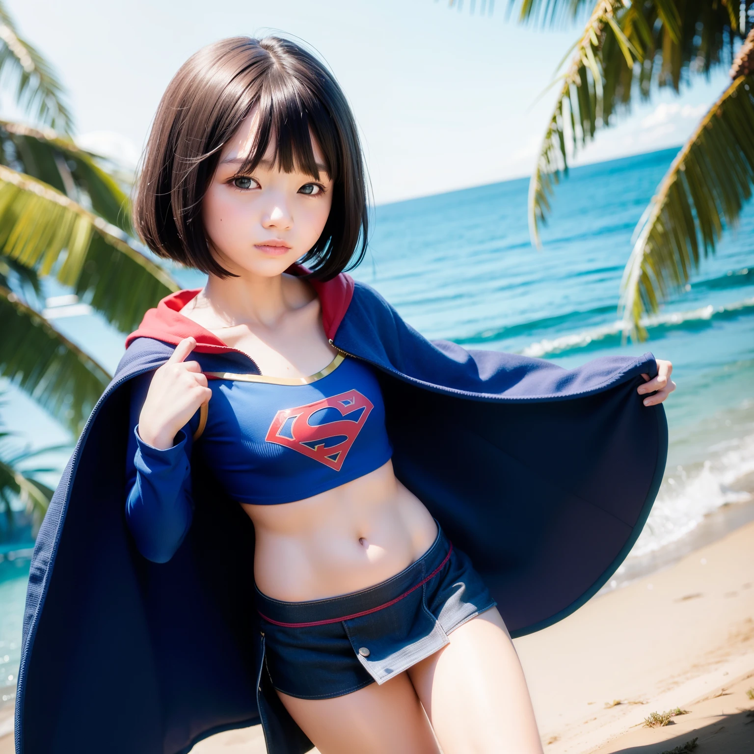 A very  elementary school student is wearing Supergirl clothes. 、realistic pictures ,masterpiece, highest quality、Spreading black hair、bob cut with trimmed ends、(flat chest)、belly button、 (High-leg style)、red cloak、10 years old、tropical beach、blue sky and sandy beach、bewitching pose
