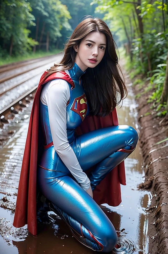Anne Hathaway has long brown hair，White skin，Big  and butt，long legs，slender legs，Wearing a blue shiny full-coverage tight-fitting Superman suit，Red over-the-knee boots，red cloak，Kneeling on the muddy dirt road，Body facing the camera，Clothes covered with mud stains，Realistic style，full body picture