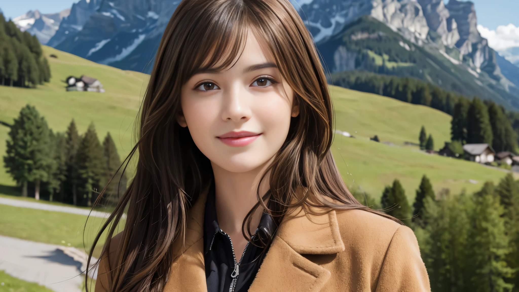 masterpiece, Best Quality, Photorealistic, Ultra-detailed, finely detailed, High resolution, 8K Wallpaper, 1 beautiful woman, light brown hair, Perfect dynamic composition, Beautiful detailed eyes, detailed hairs, Detailed realistic skin texture, Smiling, portrait, Model body type, The background is the village of Grindelwald, Switzerland,