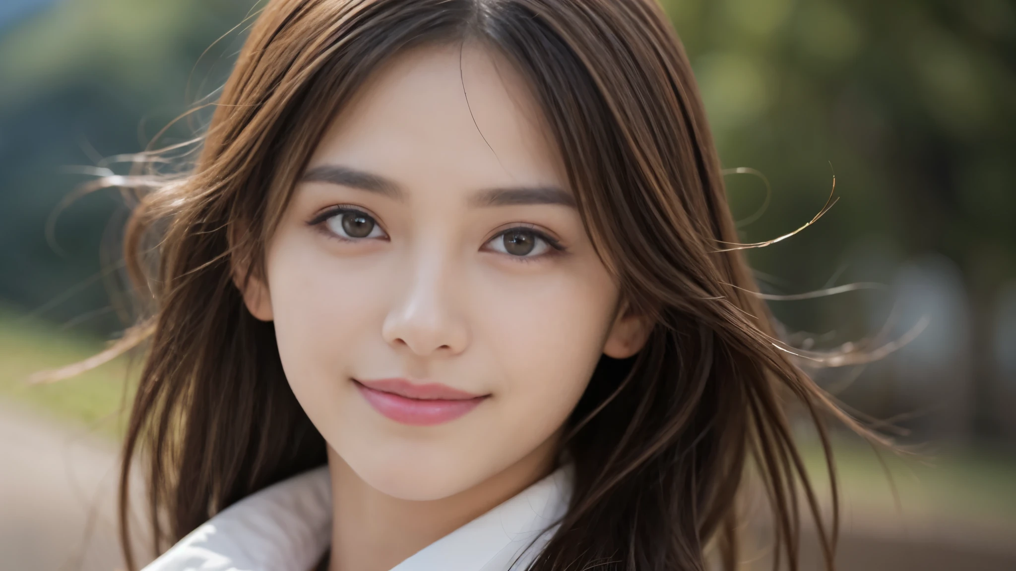 masterpiece, Best Quality, Photorealistic, Ultra-detailed, finely detailed, High resolution, 8K Wallpaper, 1 beautiful woman, light brown hair, Perfect dynamic composition, Beautiful detailed eyes, detailed hairs, Detailed realistic skin texture, Smiling, portrait, Model body type, The background is the village of Grindelwald, Switzerland,