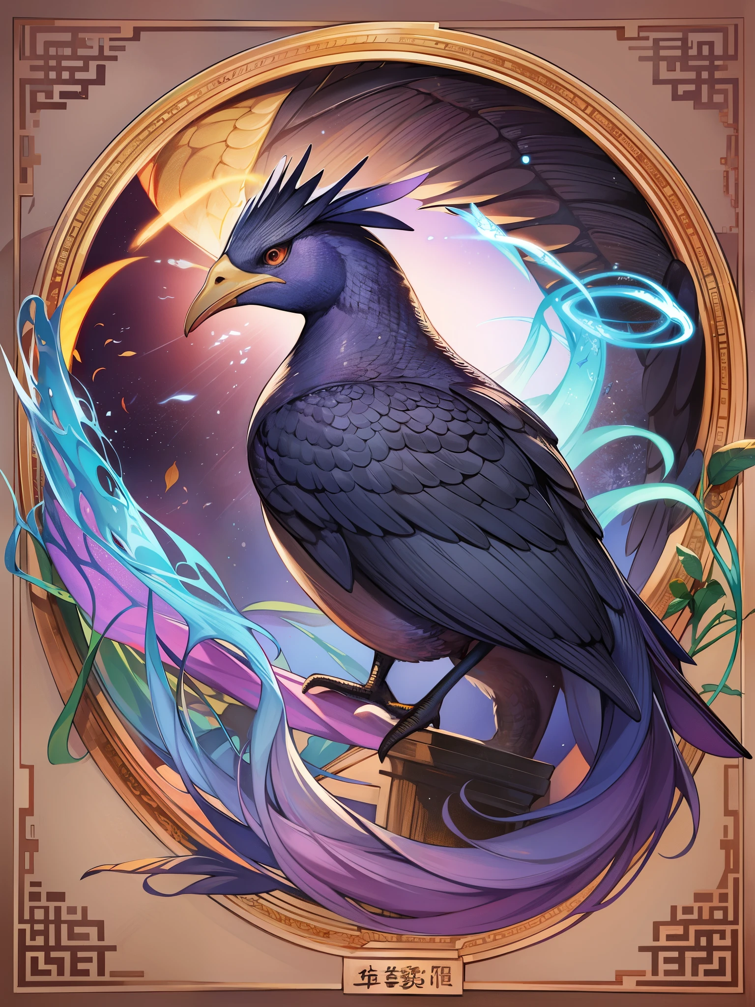 Phoenix、legendary bird of chinese mythology、It is a spiritual bird。The head is a chicken、The nod is a swallow、The neck is a snake、The back of a turtle、the tail is a fishで、The colors are black, white, red, blue, and yellow.、The height is said to be about six feet.[1]。『Sankai Sutra』「Nanzan Sutra」Well then鶏に似ており、On the neck「virtue」、on the wings「righteous」、on the back「Thank you」、in my chest「Benevolence」、On the belly「letter」It was said that there was a crest of。Later Han dictionary『Explain words』Well then、Kou in front、After that, Rin、The neck is a snake、the tail is a fish、The color is red、The mouth is a duck、The pattern is a dragon、The back of a tiger、The nod is a swallow、The chicken is a chickenと記された。Established during the Southern Dynasty『Song Shu』巻二十八志第十八Well then、head of snake、The nod is a swallow、The back of a turtle、Belly is a tortoise、The neck is a crane、The chicken is a chicken、The front part is kono、the tail is a fishに似ており、head is blue（green）、It is said that the wings are lined up。With Kirin, Reiki, and Oryu「four spirits」、Phoenixの別名としては、Unsaku、skylark、Ye Lulang、Huoli、five spirits、Benevolence智禽、Tanzan Hermit、long distance、friend、There are Akeoka Koji etc.。黄鳥・狂鳥・孟鳥・夢鳥などもPhoenixと同一とする説もある
