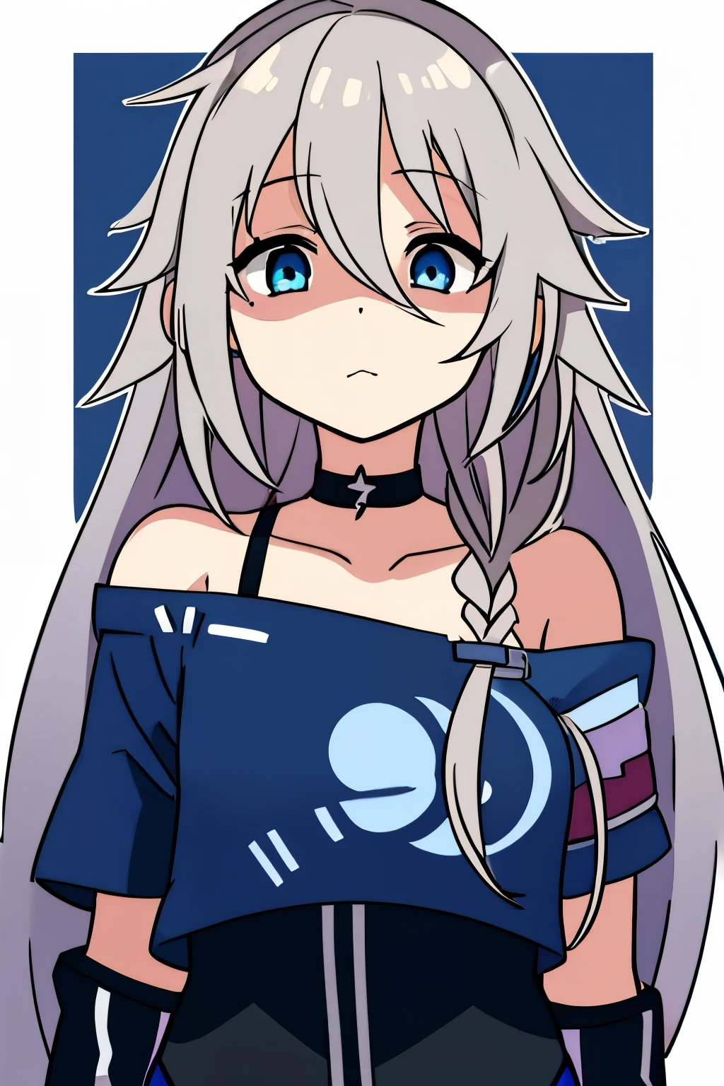 anime style、one girl、solo、masterpiece、highest quality、Vocaloid、IA、gray hair、blue eyes、No expression、(Facial shading)、off shoulder shirt、from the chest up
