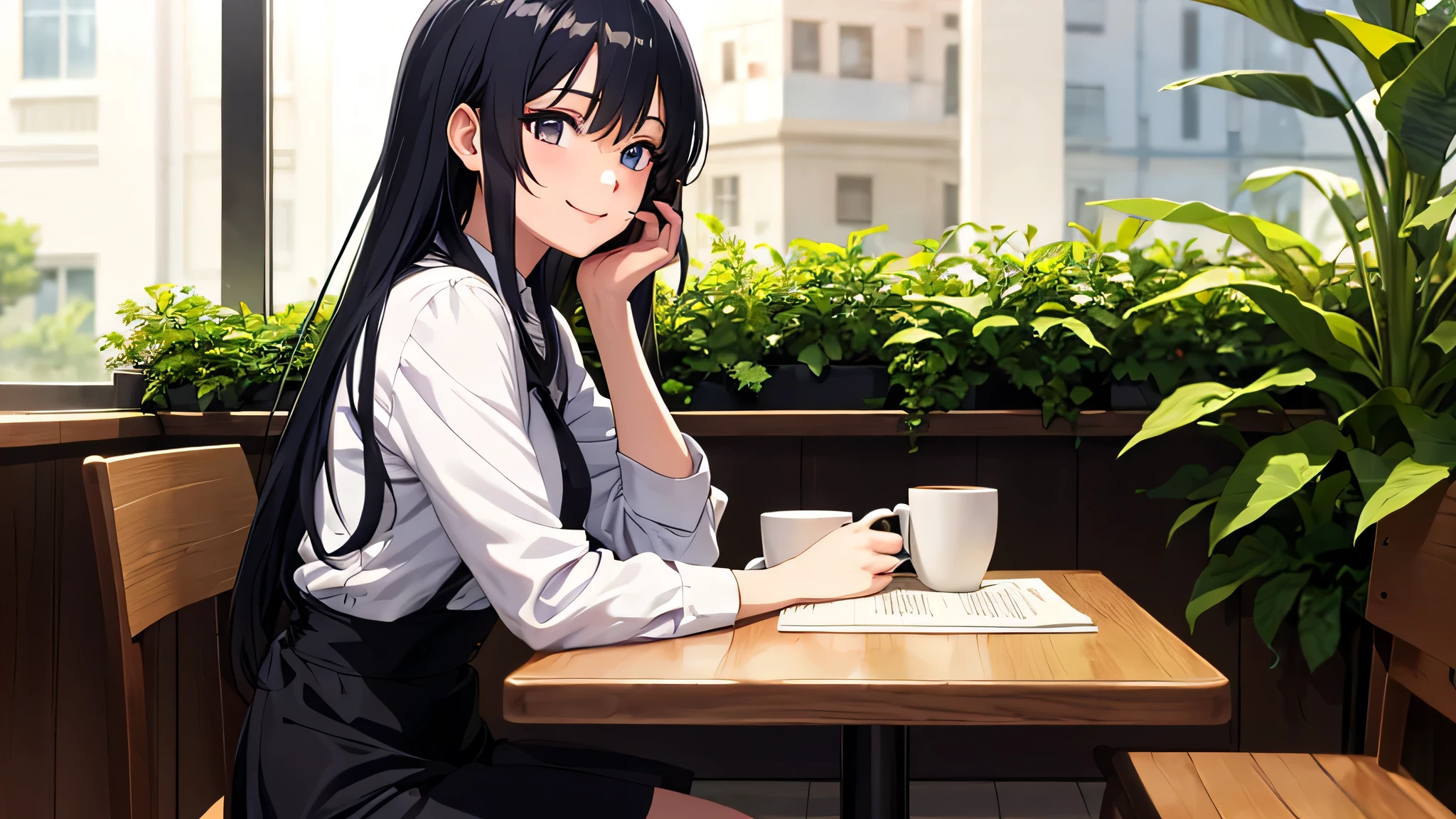 wide々cafe, sit on a chair, 1 girl, smile, coffee mug, black hair, hair behind the ear, hair on shoulders, long eyelashes, From the side, anime style, anime style, masterpiece, 8k, crazy about reading, ornamental plants