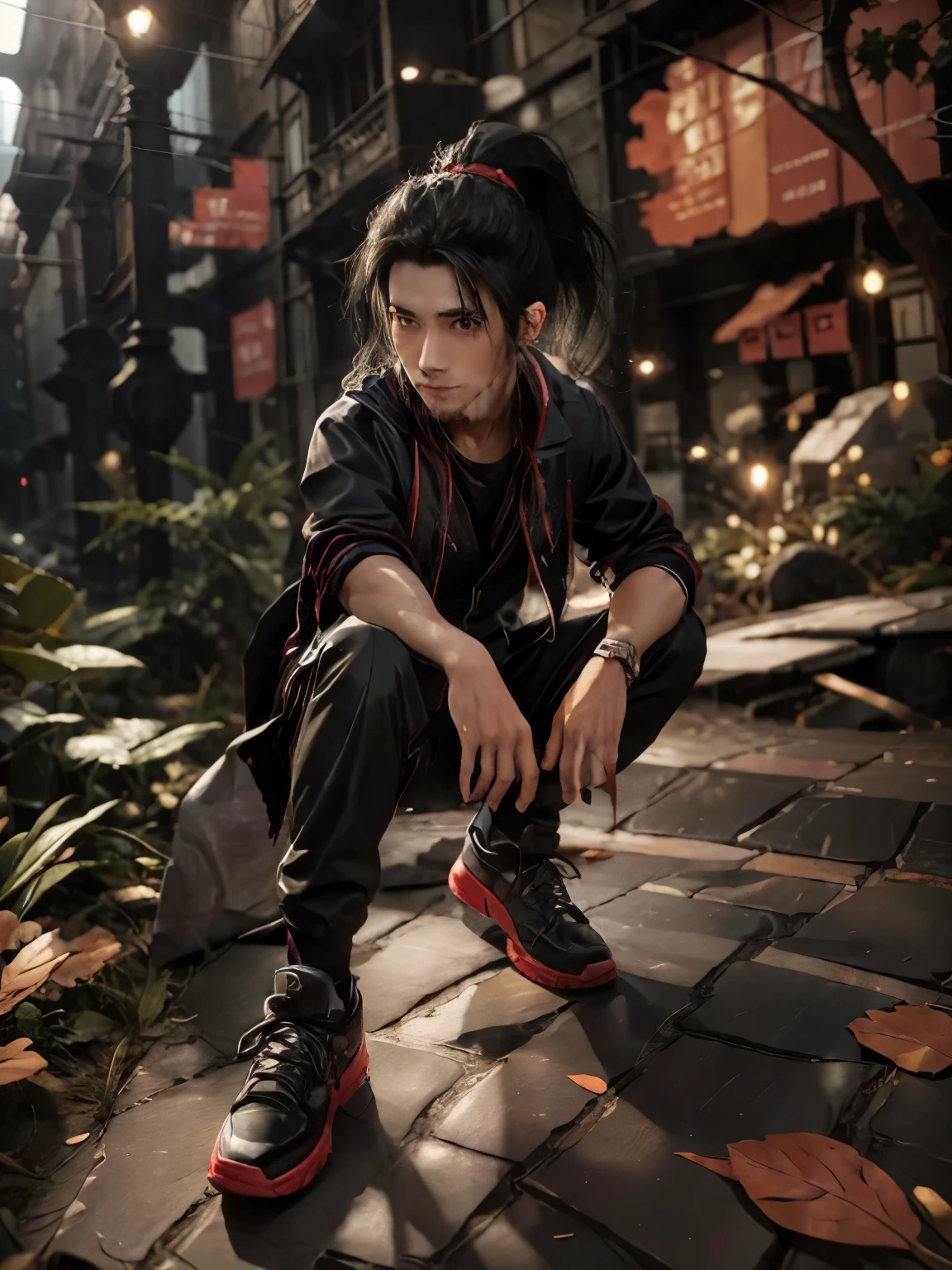 a handsome 25 years old male vampire hunter with ponytail black hair with short beard, pale skin, serious looking, wearing a red and black casual outfit and black pants, waist up shot, dynamic pose, ambient lighting, photo realism, intricate face detail, intricate hand details, highly detailed, vibrant colors, cinematic, high definition, trending on Artstation-style raw