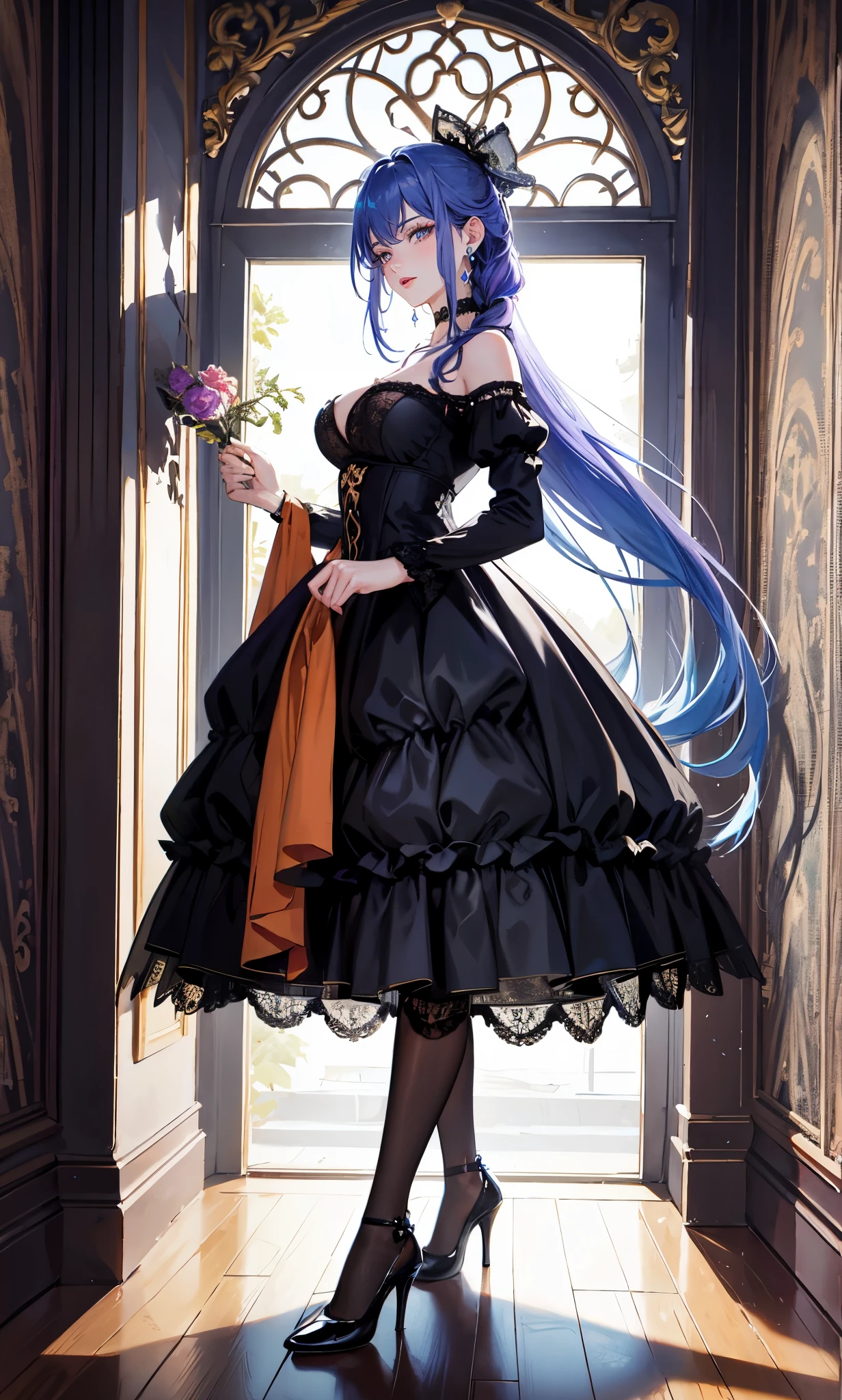 The city outside the window,(blue purple hair:2.0),head clamp,Loosely tied long hair,black bow,side braid,Standing close-up,dream world,Mature lady,(Slender orange phoenix eyes,lipstick,long eyelashes,beautiful nape),long eyelashes,Contact lenses,side fringe,(Light blue gauze,lace low cut long dress,Rococo court dress,black stockings:2.0),(big breast)(soft light and shadow:1.9),old style high heels,black stokings,Detailedly drawn backgrounds