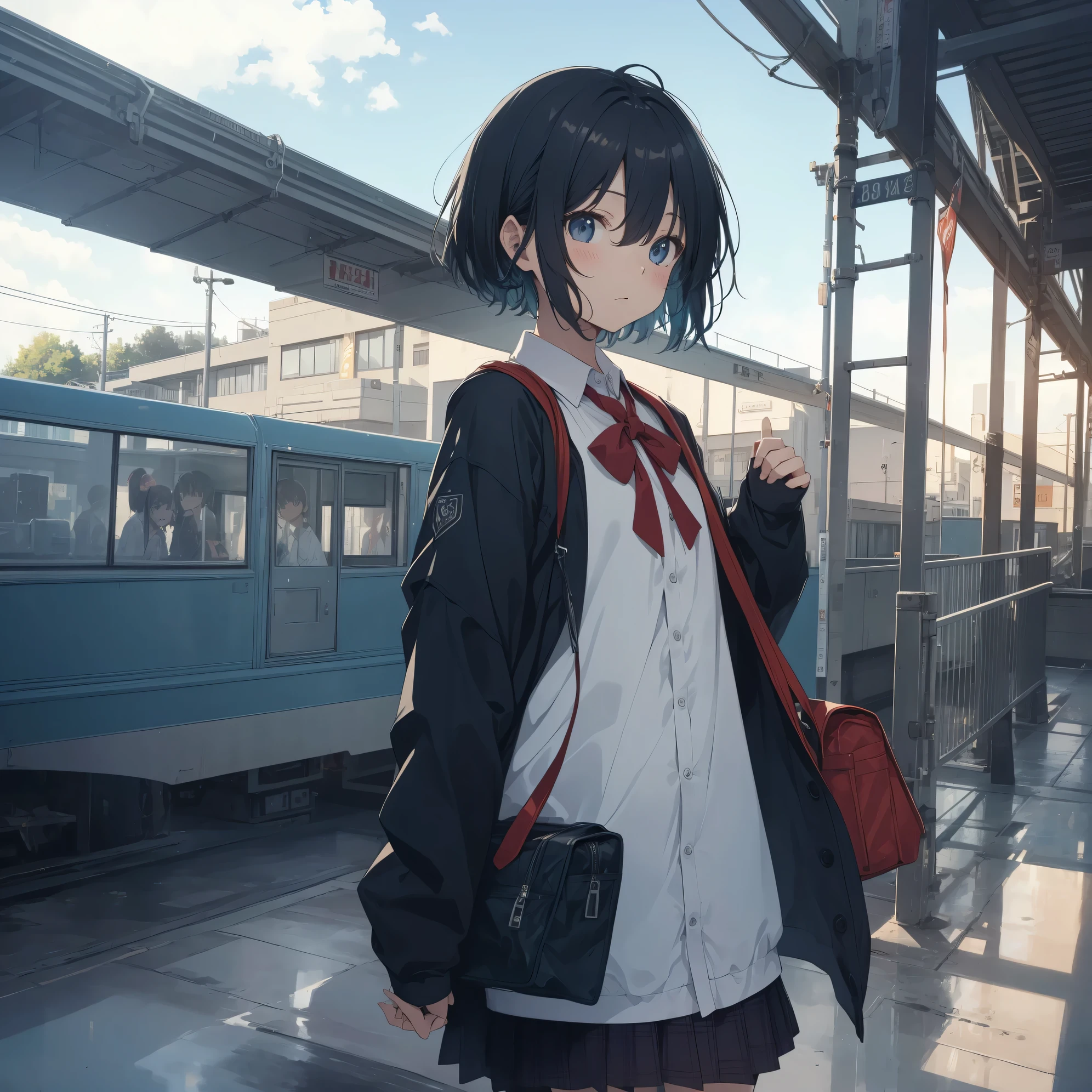 Ultra-highest quality by the art god, super detailed, High resolution, anime moe art style, Best Anime 8K Kona-chan Wallpaper, pixiv contest winner, perfect anatomy, break,(眠そうにalone学校へ行く女の子を描いてください. )break,1 girl, (alone,little woman, , :1.3),All limbs, full finger,, The charm of an immature body, (very short hair), bangs, bow, flat chest, Small Bodysu ass, between legs, smablack eyes, detailed and beautiful eyes, Well-proportioned iris and pupils, expressive eyes, High resolutionの詳細な髪, ribbon, neck ribbon, skirt, collared shirt, pleated skirt, school uniform, school bag,(detailed lighting), (detailed background), On the way to school. break,super dense skin, Best lighting by famous artists, 8k, cute illustration,Hmm, rough skin