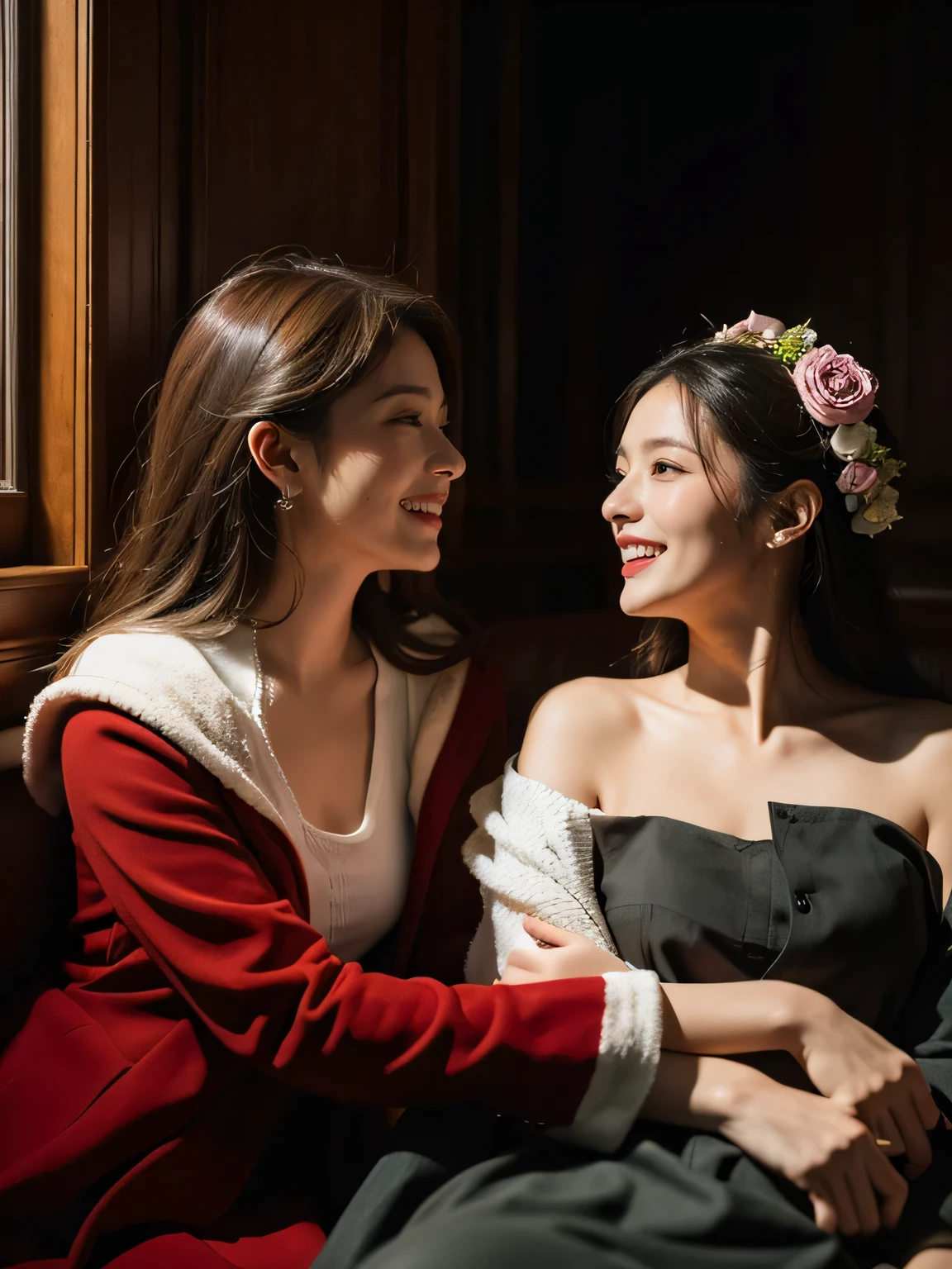 full body portrait ,fruit,Rose ,flower,rosa,antique,laughter,,sweet and enchanting appearance.、caravaggio painting、Caravaggio's Chiaroscuro,two women having fun,cute smile, expression of ecstasy