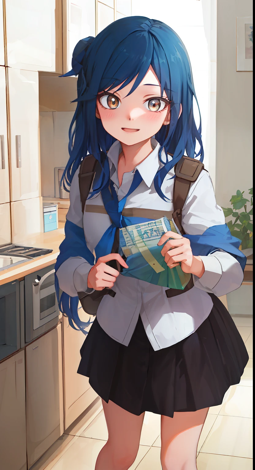 Bokuno hero academia panel of female character, long dark hair with blue streaks, brown eyes. Рядом парень блондин Кацуки Бакуго, его рука поднимает юбку девушки и держит её ногу