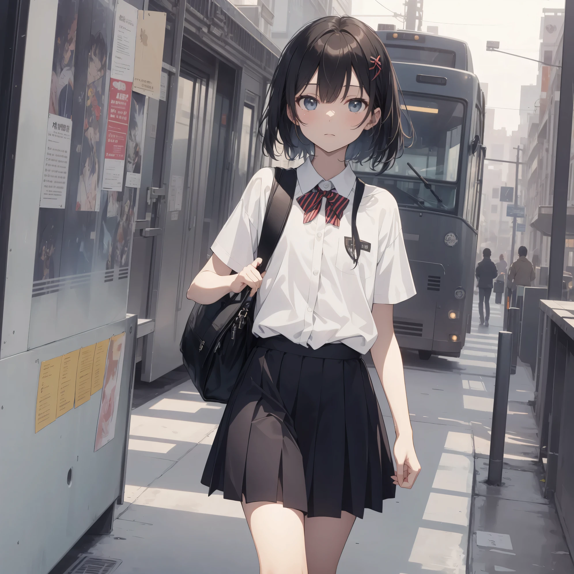 Ultra-highest quality by the art god, super detailed, High resolution, anime moe art style, Best Anime 8K Kona-chan Wallpaper, pixiv contest winner, perfect anatomy, break,(眠そうにalone学校へ行く女の子を描いてください. )break,1 girl, (alone,little woman, , :1.3),All limbs, full finger,, The charm of an immature body, (very short hair), bangs, bow,  flat chest, Small Bodysuits, small ass, between legs, small black eyes, detailed and beautiful eyes, Well-proportioned iris and pupils, expressive eyes, High resolutionの詳細な髪, ribbon, neck ribbon, skirt, collared shirt,  pleated skirt, school uniform, school bag,(detailed lighting), (detailed background), On the way to school. break,super dense skin, Best lighting by famous artists, 8k, cute illustration,Hmm, rough skin