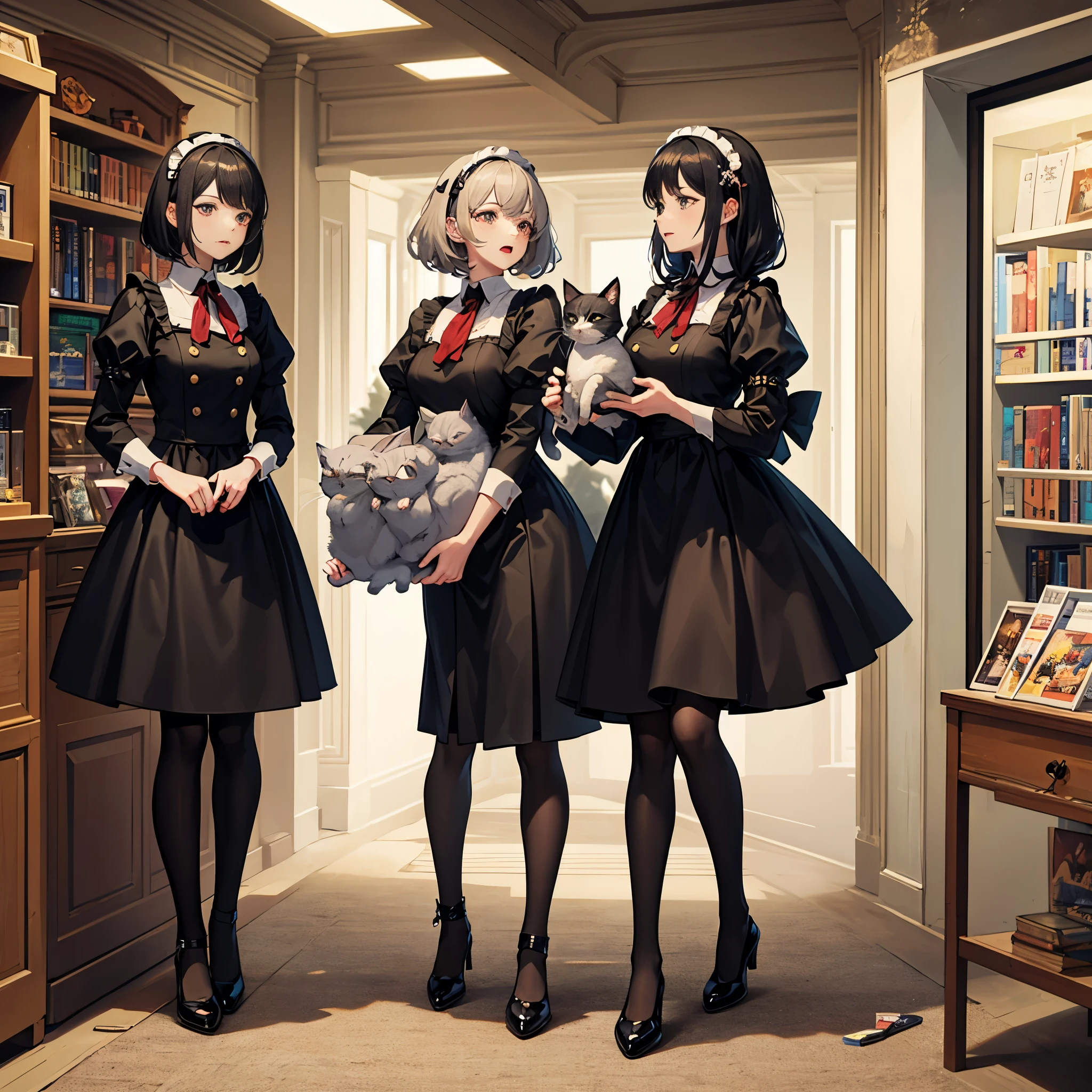 three or four maids, One of them is holding a gray cat, The mature and charming boss is in the middle, Board game store entrance, UHD, masterpiece, super detail, high quality, best quality, highres, HD, 4K