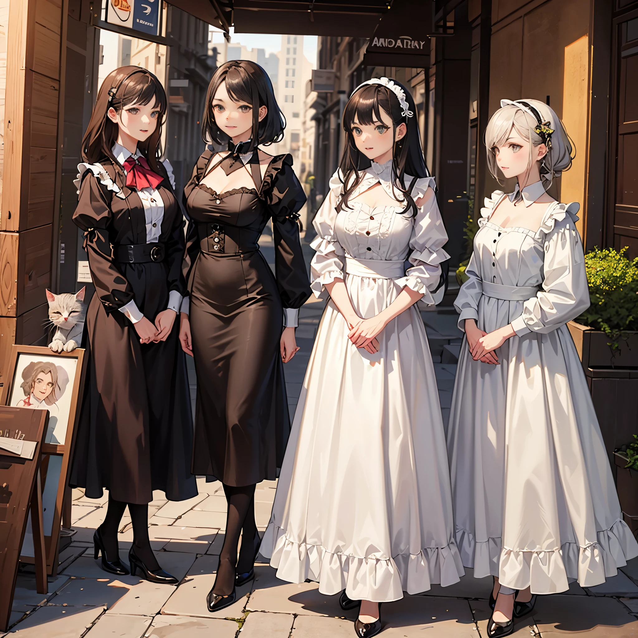 three or four maids, One of them is holding a gray cat, The mature and charming boss is in the middle, Board game store entrance, UHD, masterpiece, super detail, high quality, best quality, highres, HD, 4K