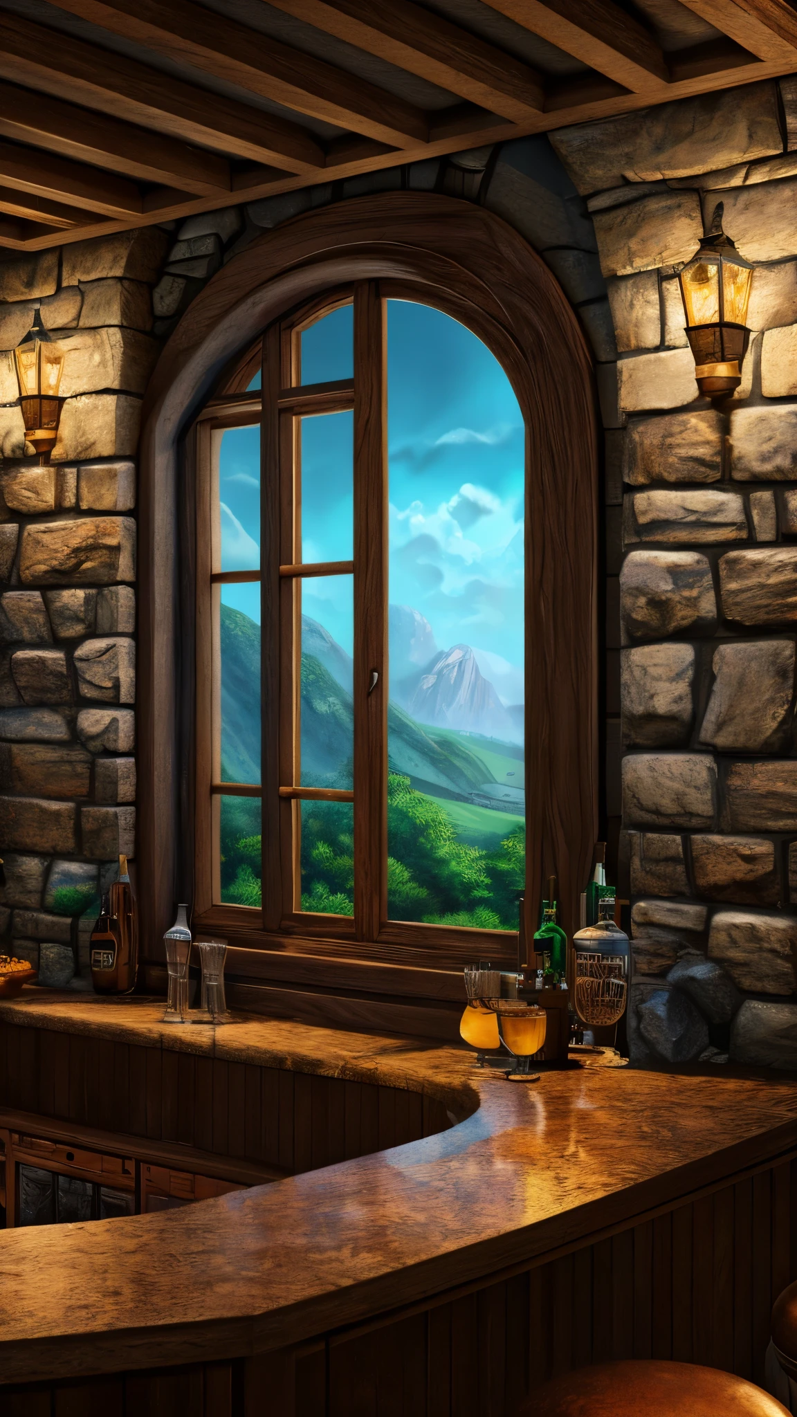 a close up of a bar with a stone wall and a window, fantasy tavern background, tavern background, anime background art, detailed painting 4 k, 4k highly detailed digital art, 4k detailed digital art, very detailed digital painting, digital painting highly detailed, 8k high quality detailed art, highly detailed digital painting, cozy cafe background, detailed digital painting