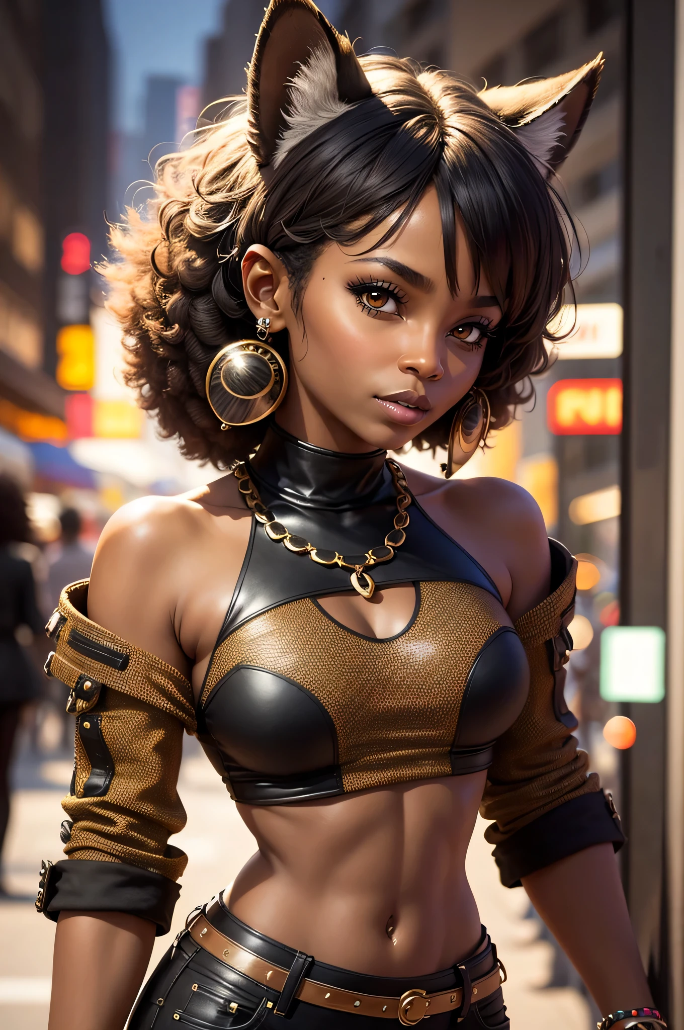Groovy African 40 year old female raccoon face and ears, with human body, 3/4 profile portrait black woman, modern fashionable style. funky wild 2023 accessories. etc. blurry urban background,