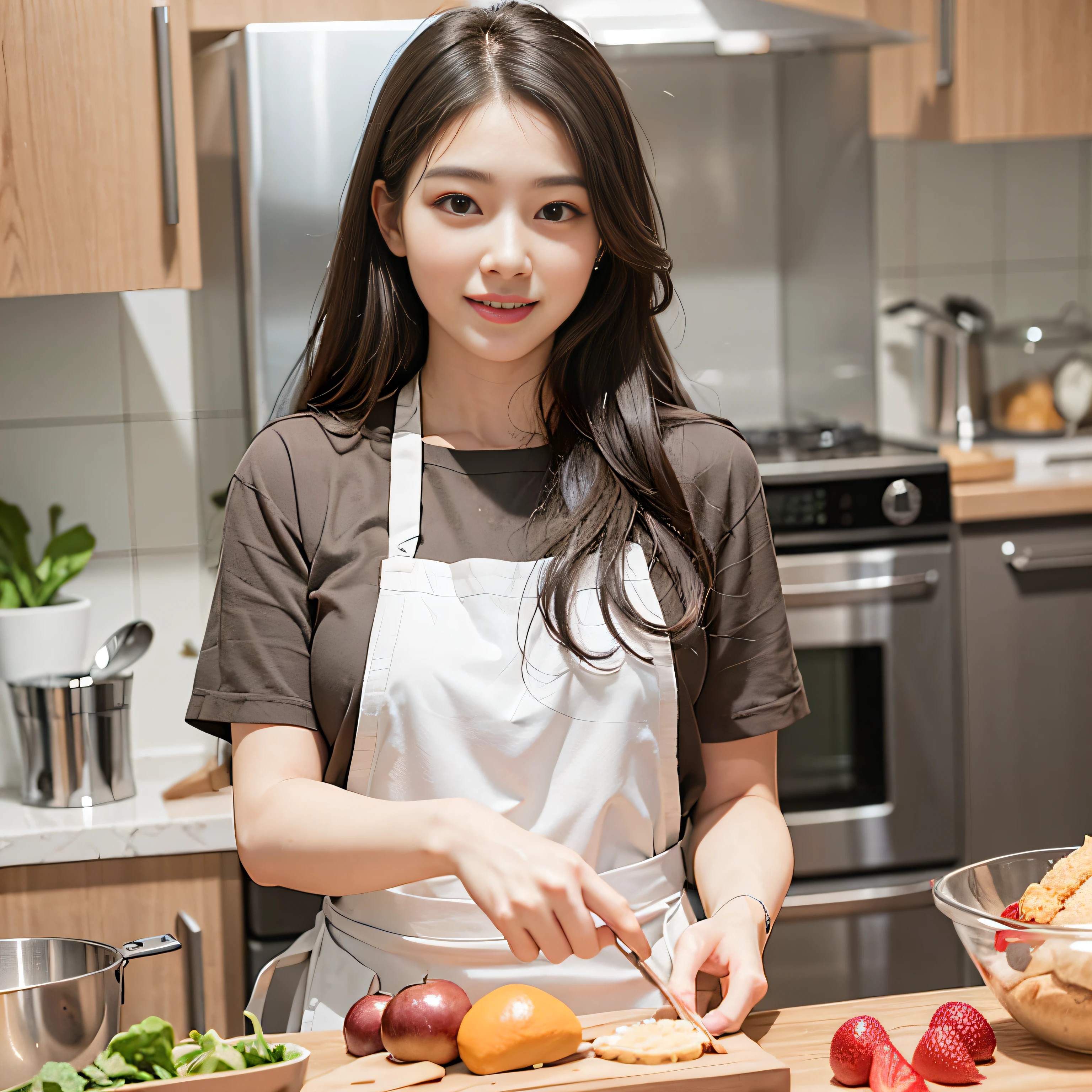 (A masterpie、beste Quality、ultra realisic、flawless anatomy、Symmetrical limbs、Five fingers of a person、Beautiful Korean Woman、goddess of Japan、Big Chest、Double eyelids、Lustrous skin、Arms straight down)、Woman posing in kitchen wearing apron、Beautiful Asian Woman、Smile, Apron on sexy skin, Sexy angles on camera, Realistic kitchen、16 K、Photo from the knee up