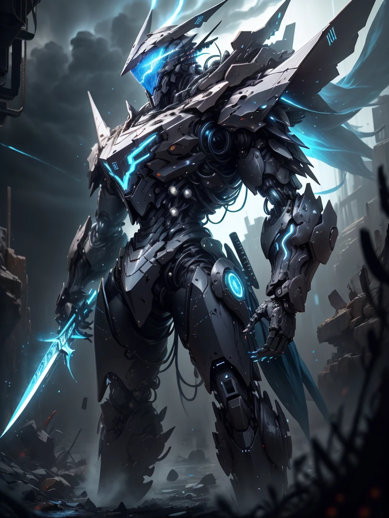Blue Ghost Hunter, Super cool ghost killer, Wearing Blue Mechanical Armor, around lightning, holding katana, Standing frontally, Ultra-detailed, actual, shining, reflective, bioluminescence, Galactic Cybernetic Mask, Mecha, (executioner: 1.2), cloak, SH4G0D, glowing runes_Red, whole body, , dark background, backlight, high contrast,