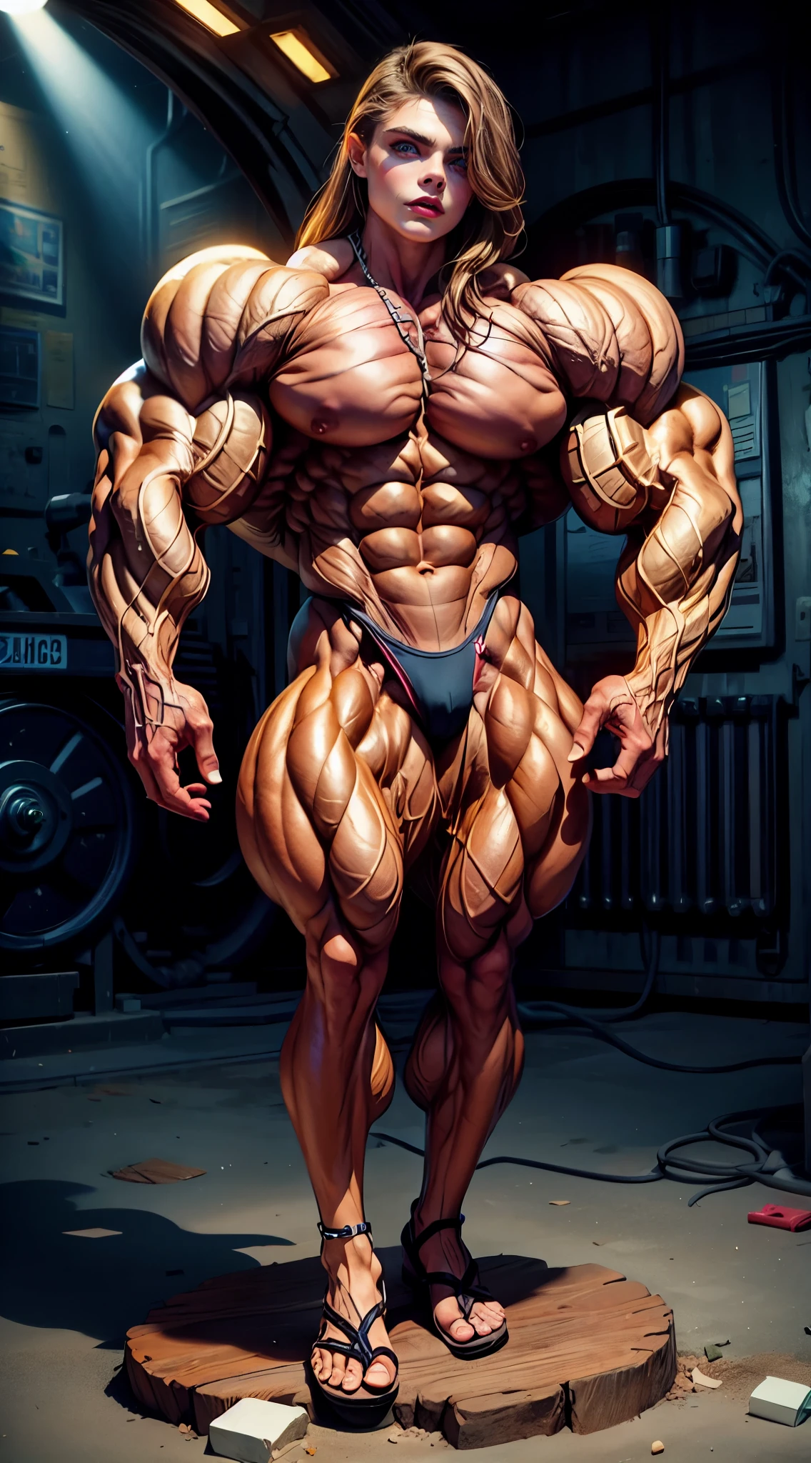 (1 girl), (cara delevingne), (naked:1.25), (muscular bodybuilder woman:1.25), (huge veiny breasts:1.25), long hair, (full body), (solo)