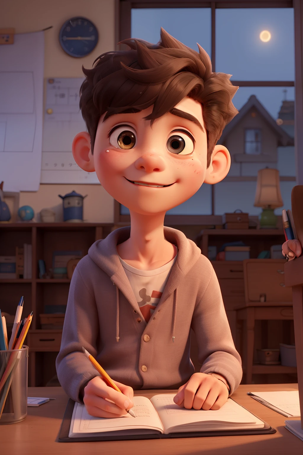 Boy at home holds pencil in hand, father is writing math, mother is writing English 。Crying and turning on the light in the middle of the night
